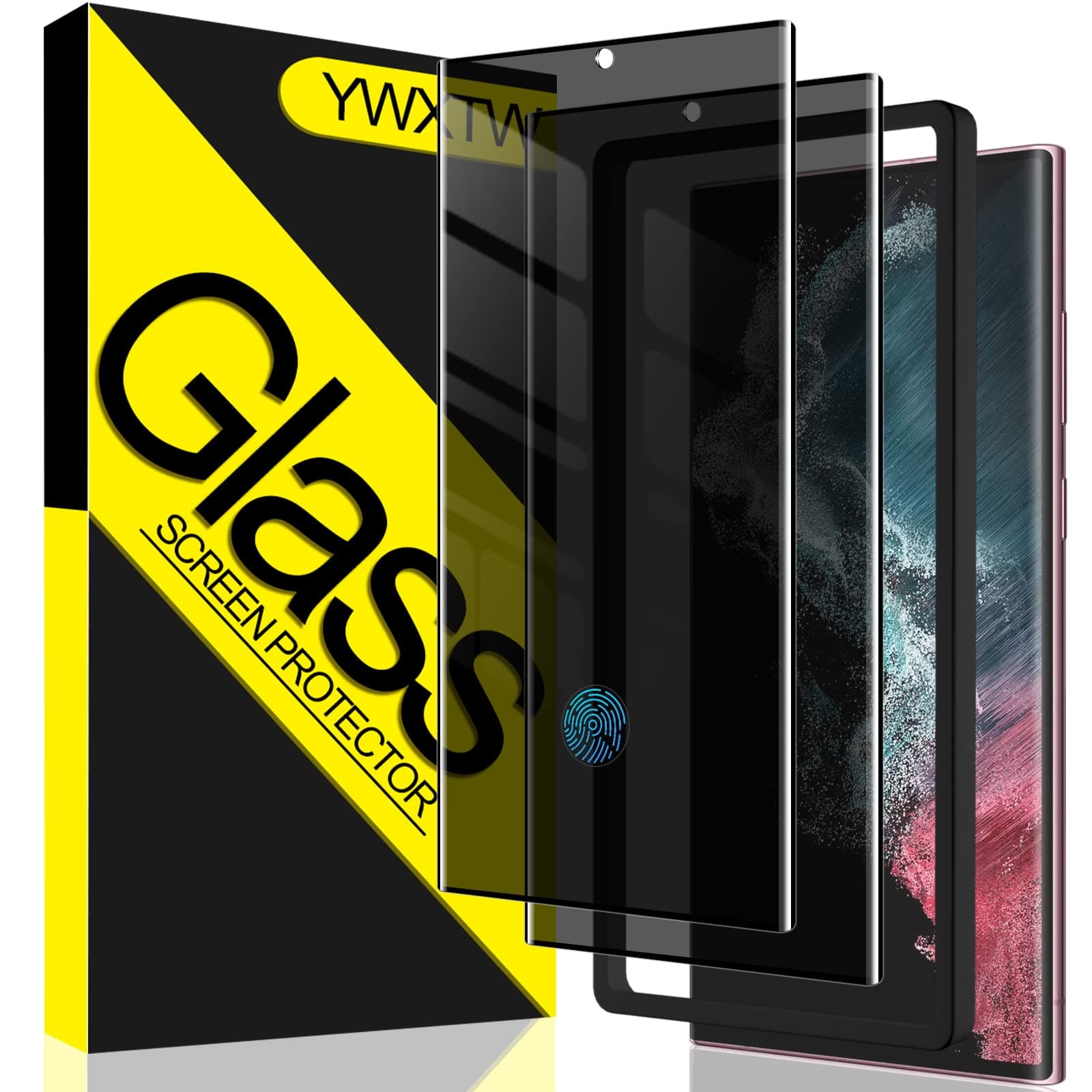 YWXTW [2 Pack Support Fingerprint Unlock Tempered Glass Screen Protector for Samsung Galaxy S22 Ultra,Anti-Spy 9H Tempered Glass Film, Anti-Scratch with Easy Install Frame Case Friendly