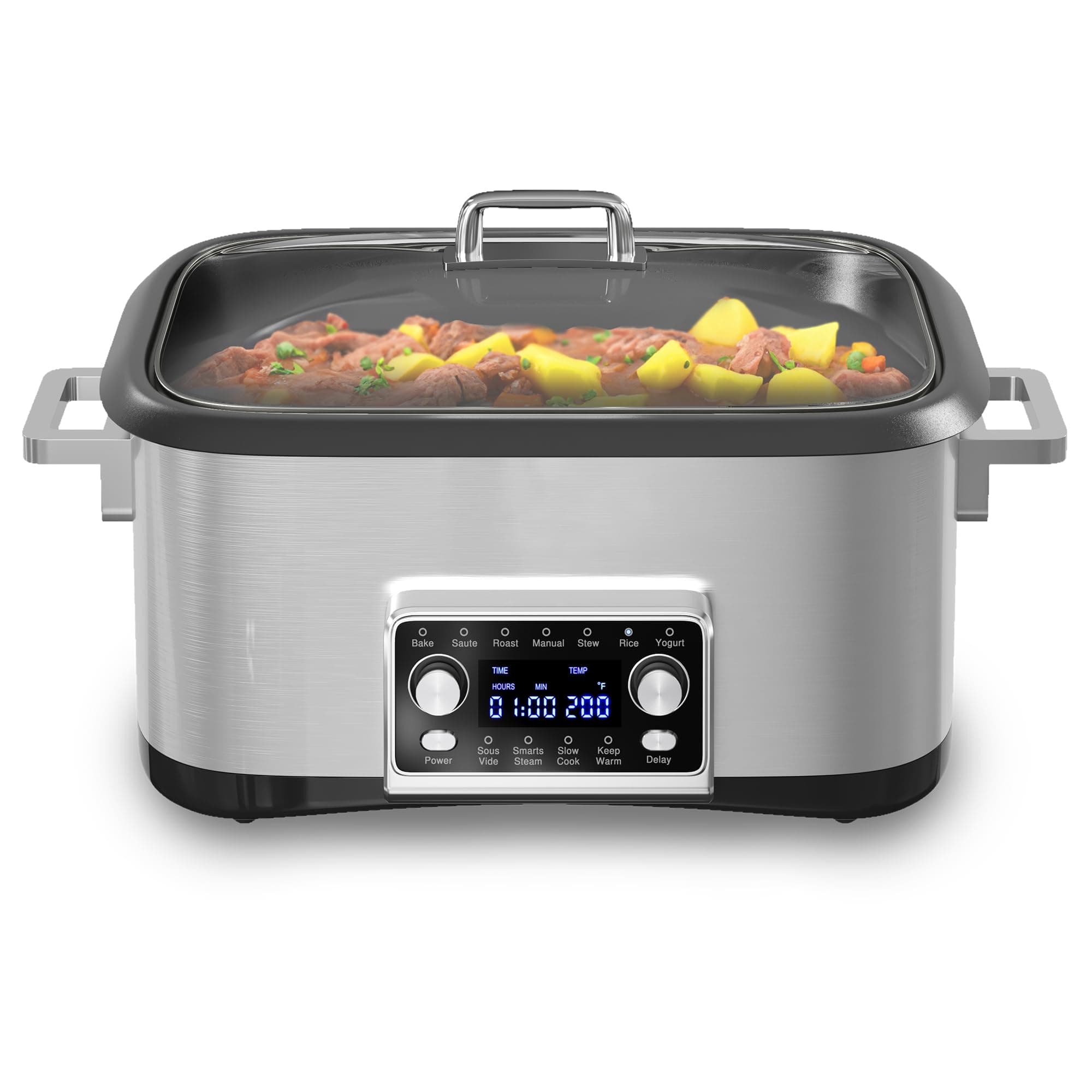 12-in-1 Programmable Slow Cooker, 8 Quart Slow Cooker with Timer, Temp Control and Auto Shut Off, Multi Cooker with Steaming Rack, Dishwasher-Safe Visual Glass Lid, Stainless Steel