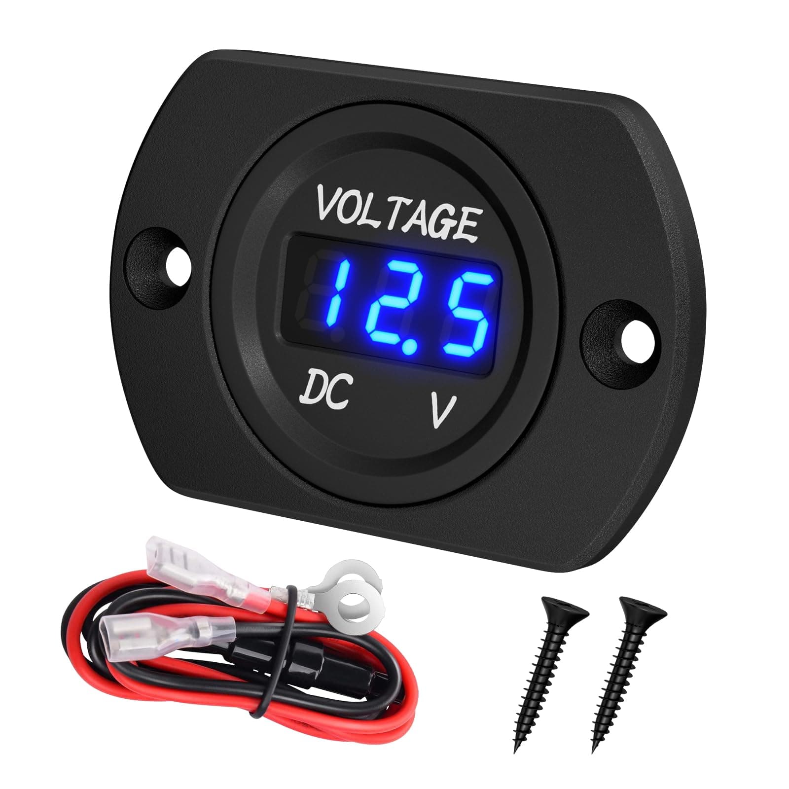 Battery Voltage Meter Waterproof DC 12V 24V LED Voltmeter Panel 12 Volt 24 Volt 36 Volt Battery Monitor with Blue Light Round Digital Voltage Display for Marine Boat Car Automotive Motorcycle