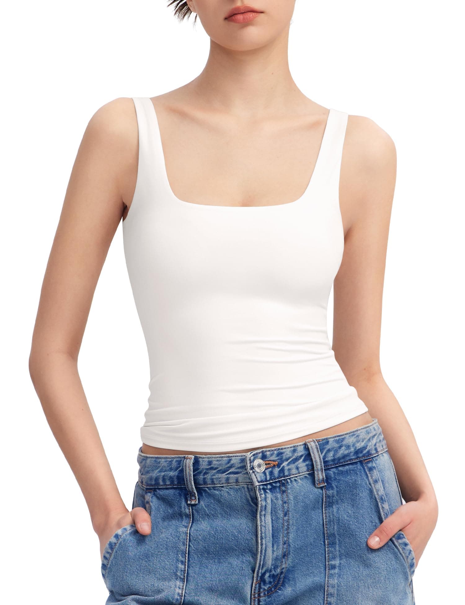 Women's Square Neck Tank Top Sleeveless Double Lined Basic Tops Sharp Collection