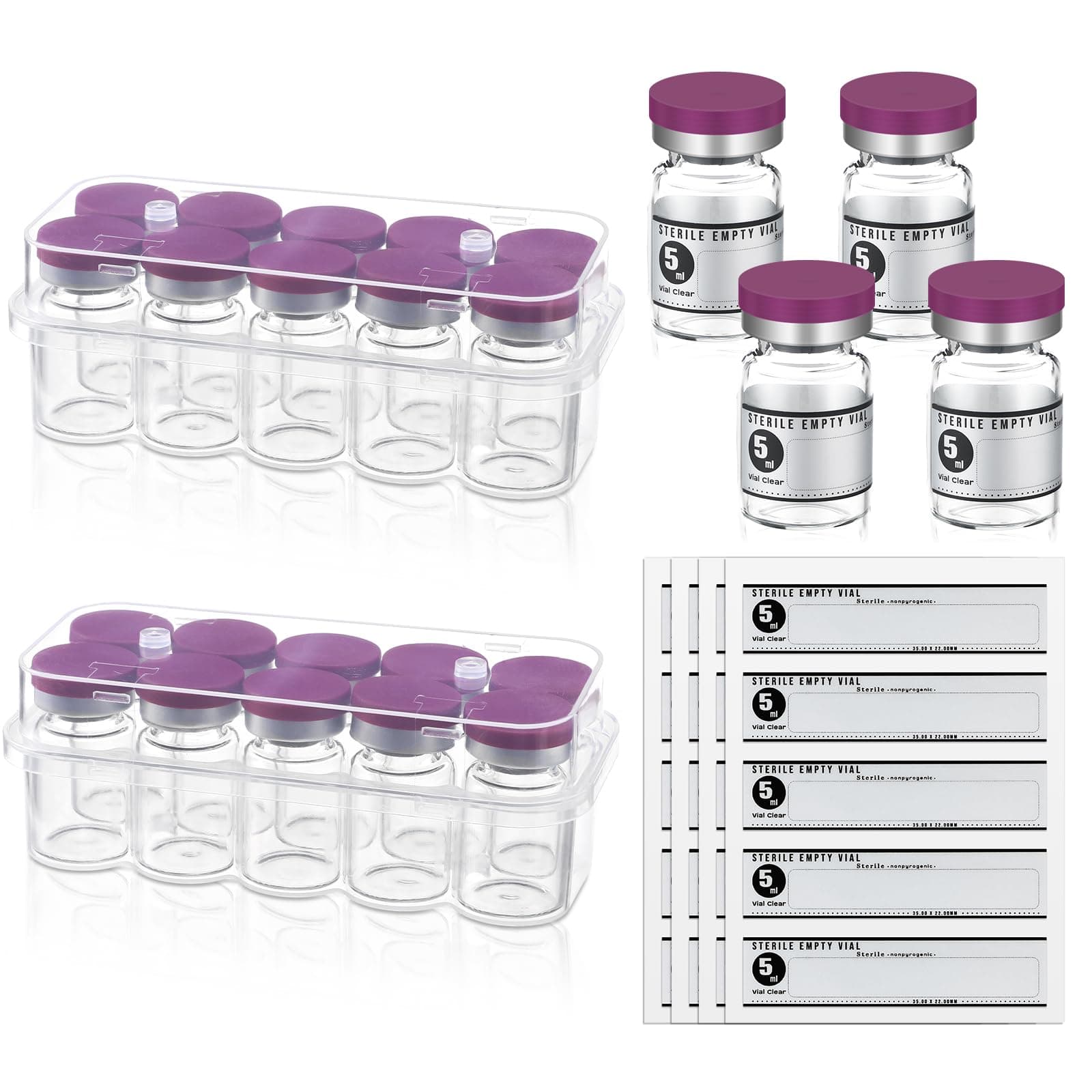 Threlaco 20 Pcs 5ml Sealed Sterile Empty Vials with Self Healing Injection Port Glass Penicillin Bottle with 20 Label Stickers(Purple)