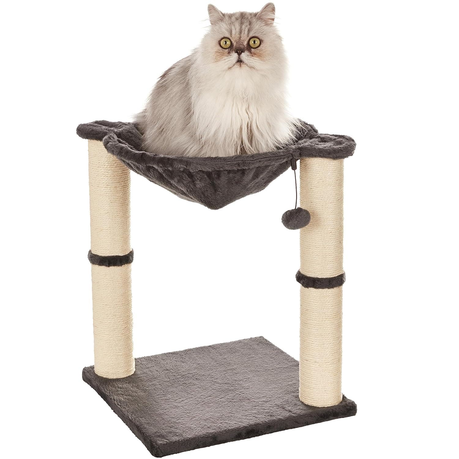 Sturdy Cat Condo Tower with Hammock Bed and Scratching Posts, Interactive Hanging Ball Toy for Indoor Cats, 15.8" x 15.8" x 19.7", Gray