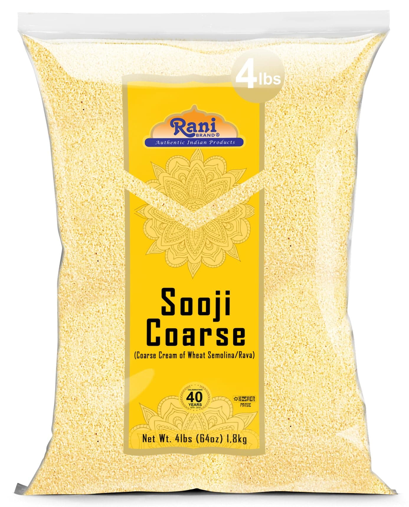 Rani Sooji Coarse (Farina, Suji, Rava, Rawa, Wheat Semolina) Flour 64oz (4lbs) 1.81kg Bulk ~ All Natural | Vegan | Non-GMO | Kosher | Indian Origin
