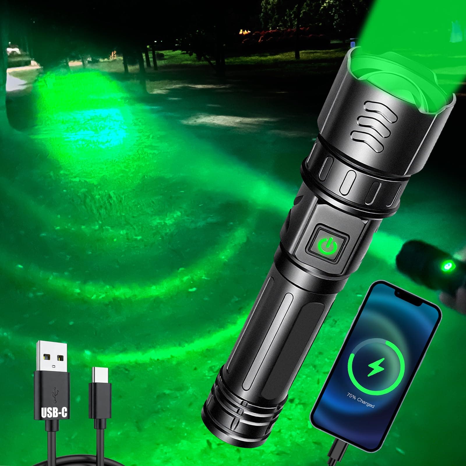 VASTFIRE USB-C Rechargeable Green Flashlight Zoomable 1000 Yard Pressure Switch Scope Rail Mount Hogs Predators Night Hunting (30)