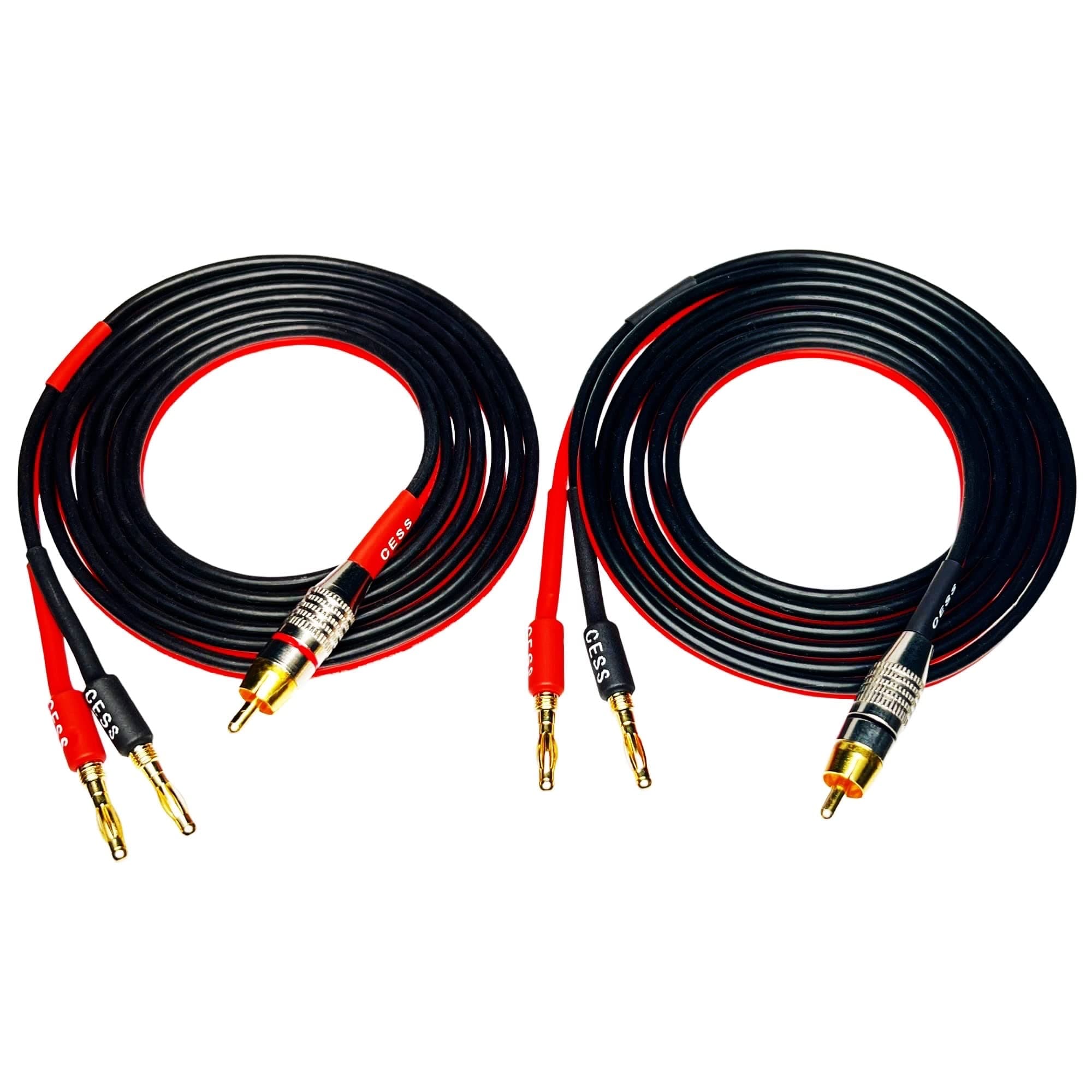 CNCESS CESS-024-6f Speaker Cable with RCA Plug to 4mm Banana Plug, Pure Copper Gold-Plated Connectors, 400 Strands Tinned Copper Wire, Soft Silicone Rubber Cable (14AWG 6 Feet)