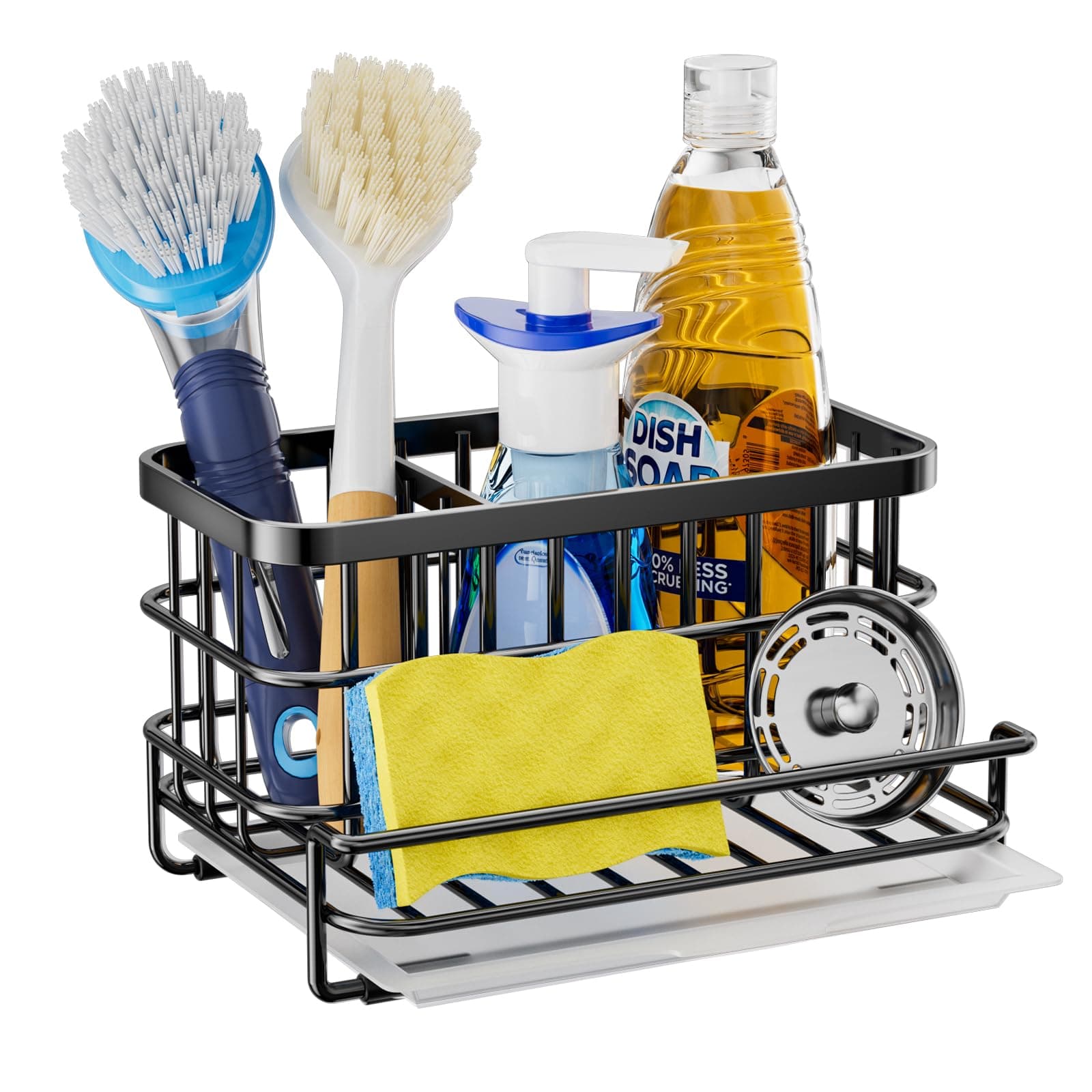 HapiRm Kitchen Sink Organizer with Drain Tray, Waterproof and Rustproof Stainless Steel Dish Brush /Sponge Holder - Black