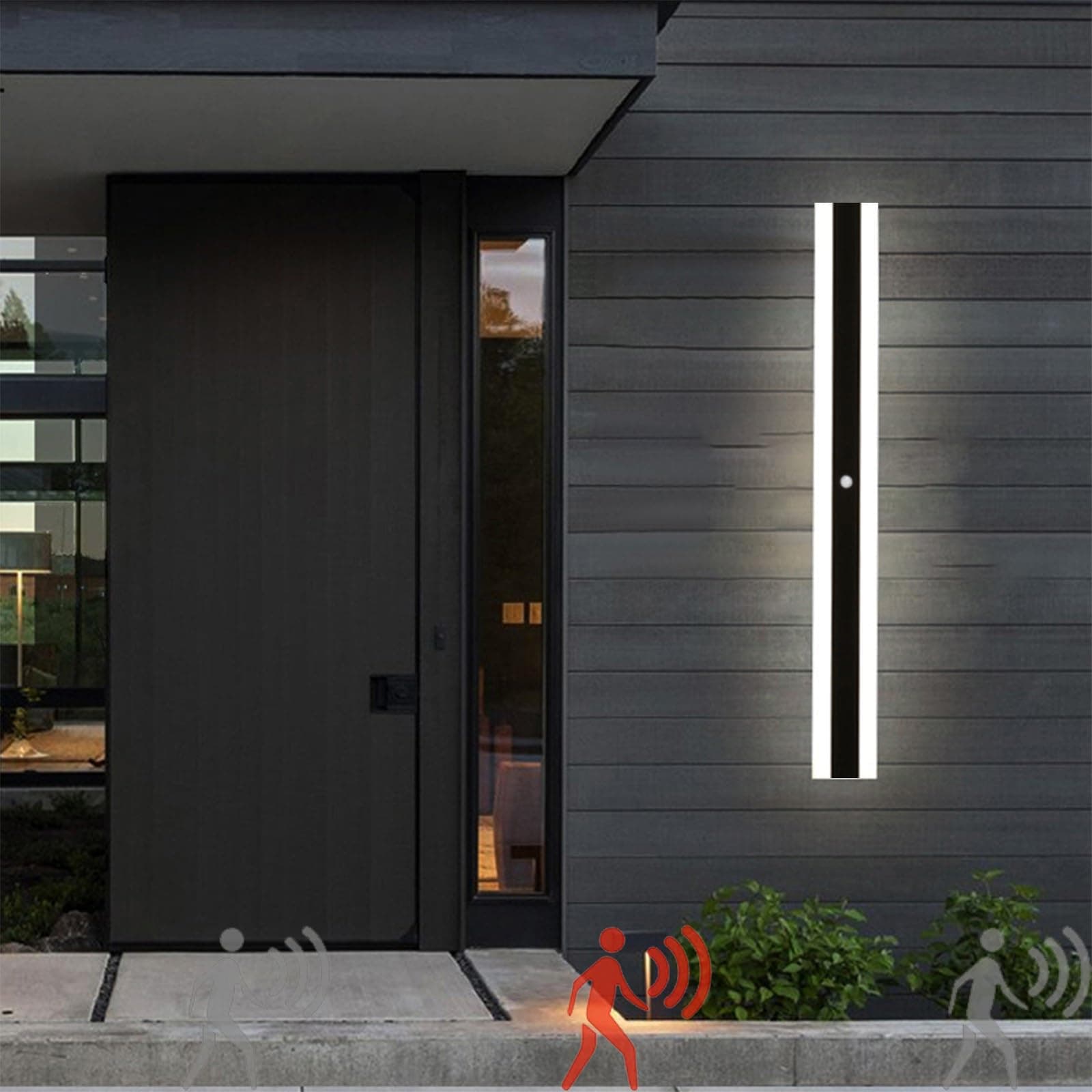 Modern Outdoor Wall Light with Motion Sensor - LED Long Wall Sconce, IP67 Waterproof, Black Metal Exterior Lamp for Porch, Patio, Living Room, Garage (White Light, 120CM)