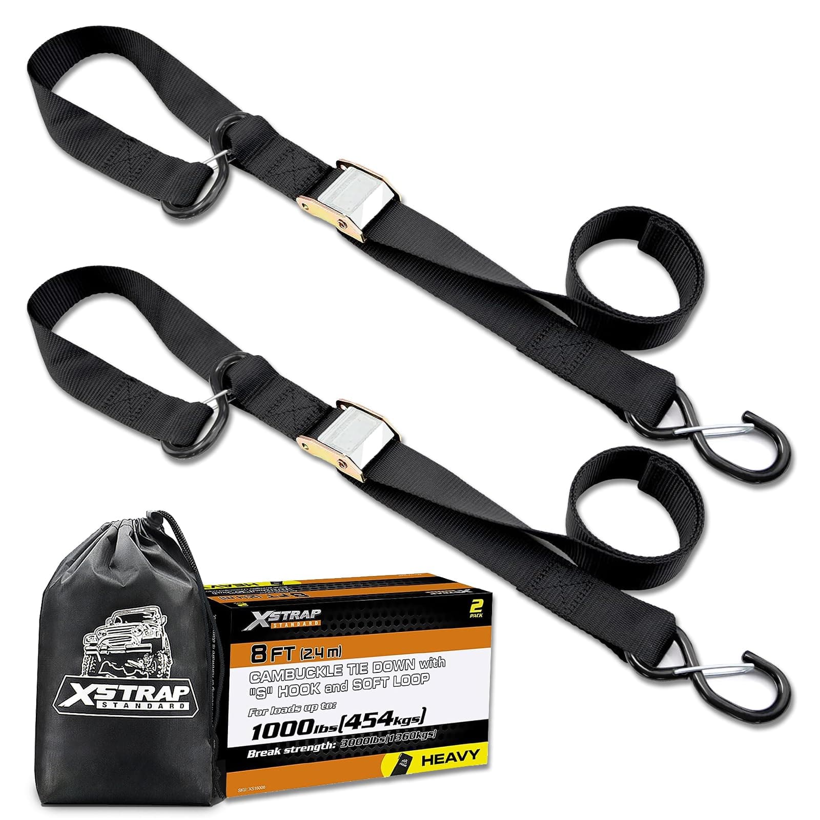 XSTRAP STANDARD Motorcycle Tie Down Straps (2 Pack) 3,000lb Break Strength, 1.5 in X 8FT Heavy-Duty Cambuckle Tie Down Set with S Hook and Soft Loops, Black