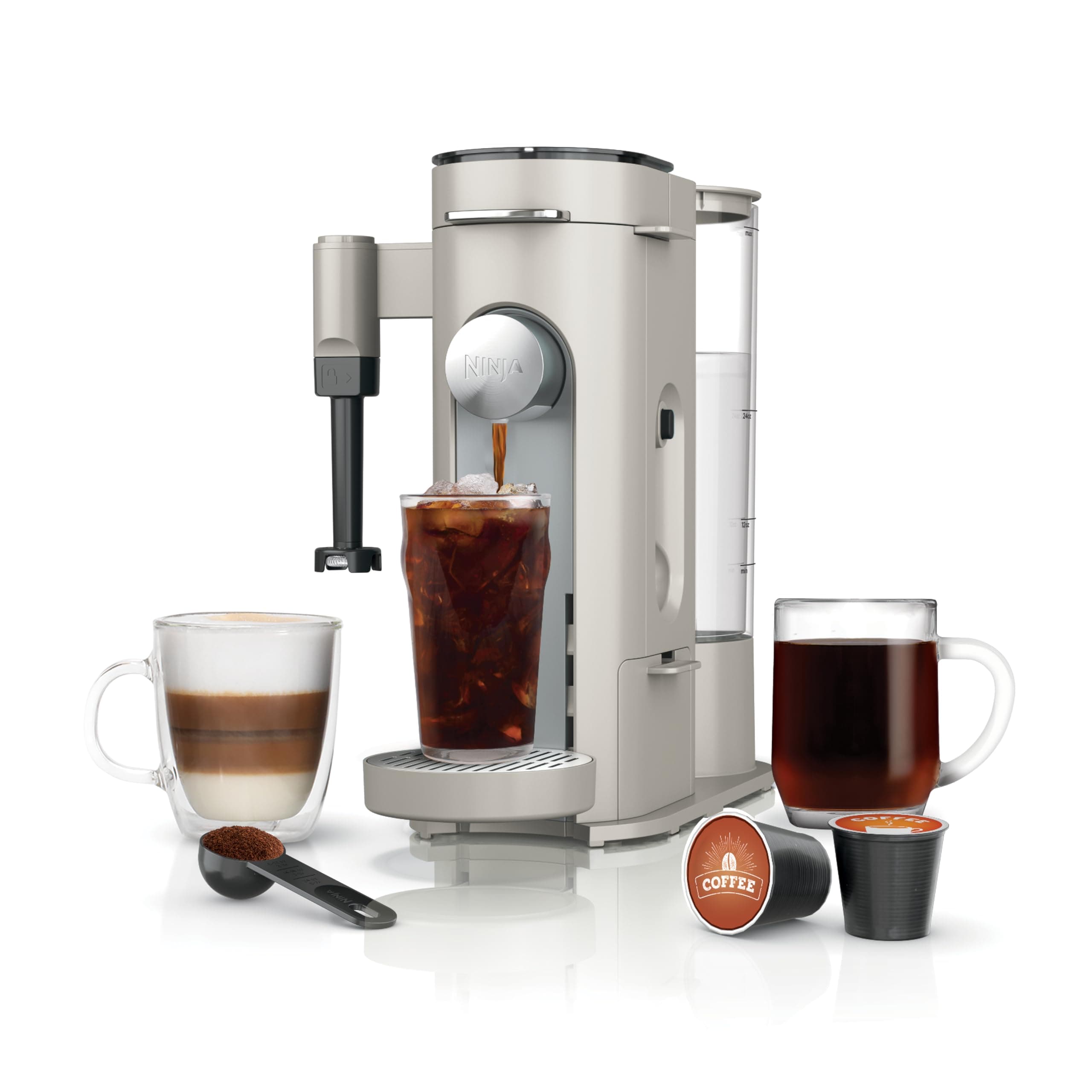 Pod & Grounds Specialty Single-Serve Coffee Maker, K-Cup Pod Compatible, Brews Grounds, Compact Design, Built-In Milk Frother, 56-oz. Reservoir, 6-oz. Cup to 24-oz. Mug Sizes, Stone, PB051ST