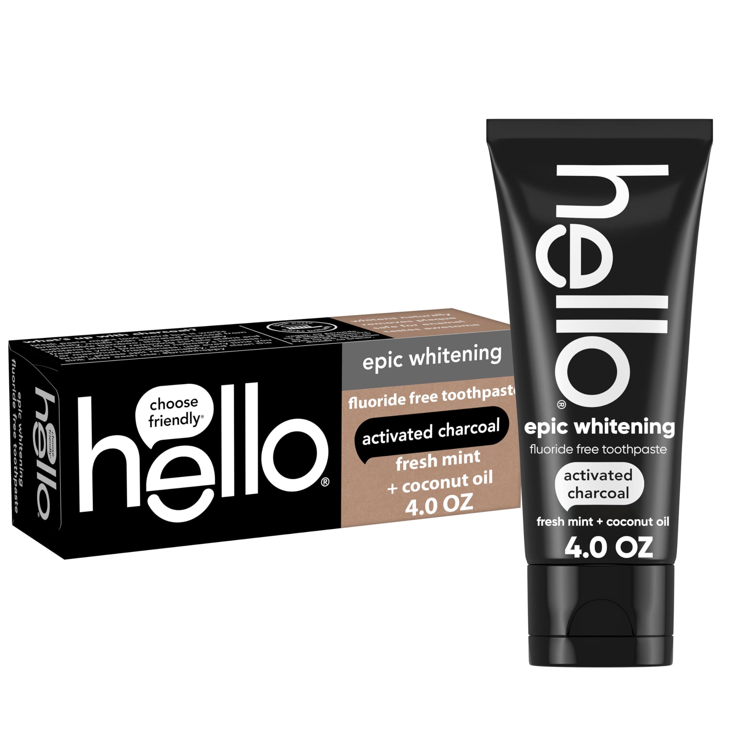 hello Epic Whitening Charcoal Fluoride Free Toothpaste, Activated Charcoal Toothpaste with Coconut Oil, Whitens Teeth Naturally, SLS Free, Fresh Mint, 4.0 Oz Tube
