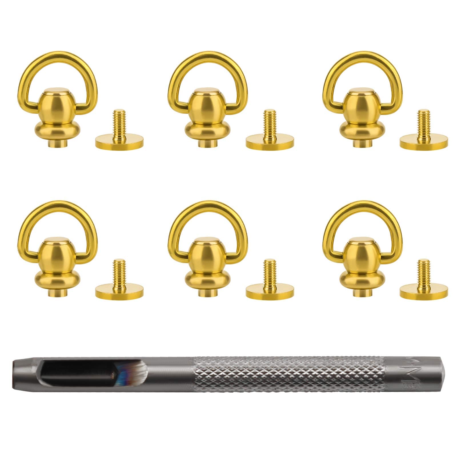 LUTER 6 Sets Brass Rivet Button Studs, Chicago Stud Screwback Screw Rivets 360 Degree Rotate Post Buttons with D Ring & Hole Punch for DIY Leather Belt Purse Backpack Hardware Accessories (Gold)