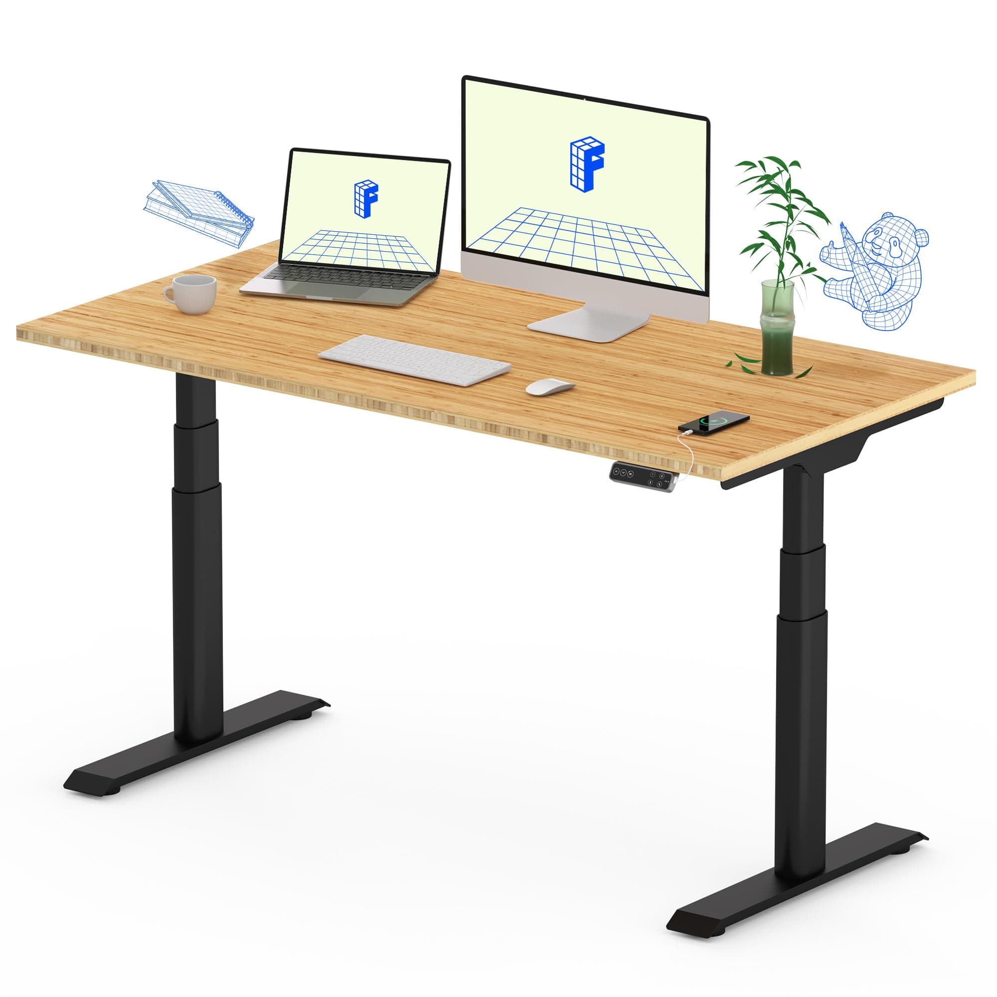 FLEXISPOT E6 Pro Oval Leg Dual Motor 3 Stages Bamboo Electric Standing Desk 48x24 Inch Whole-Piece Board Height Adjustable Electric Sit Stand Up Desk (Black Frame + Bamboo Desktop)