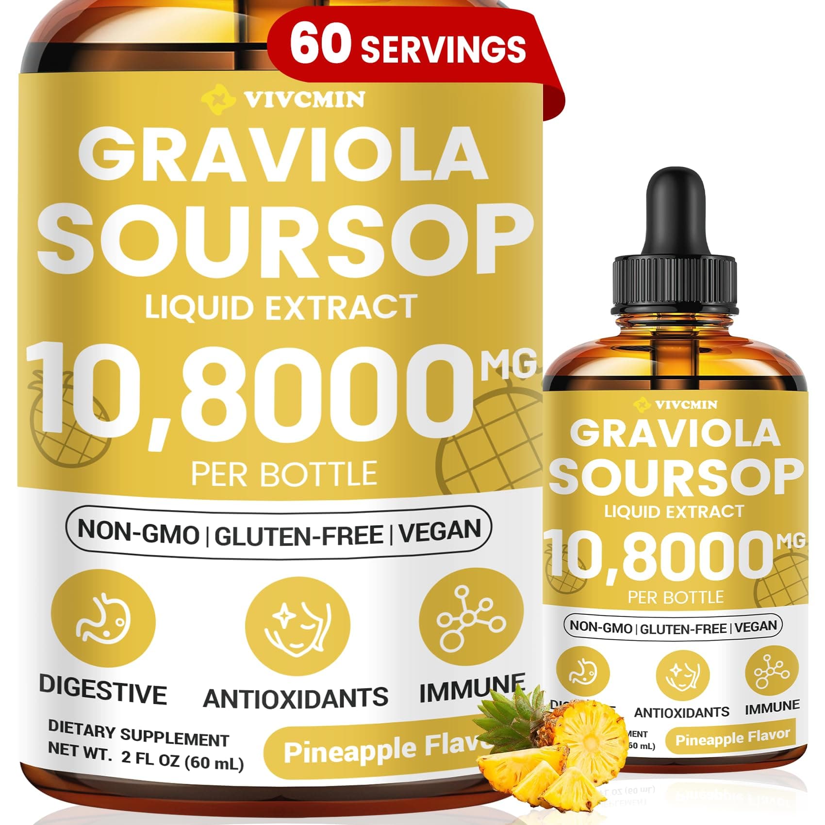 Graviola Soursop Leaf Extract Liquid - Soursop Bitters Liquid, Support Immune, Relax, Liver and Sleep, Sugar & Alcohol-Free, Highly Absorbable Formula, Pineapple Flavor, 2 Fl Oz