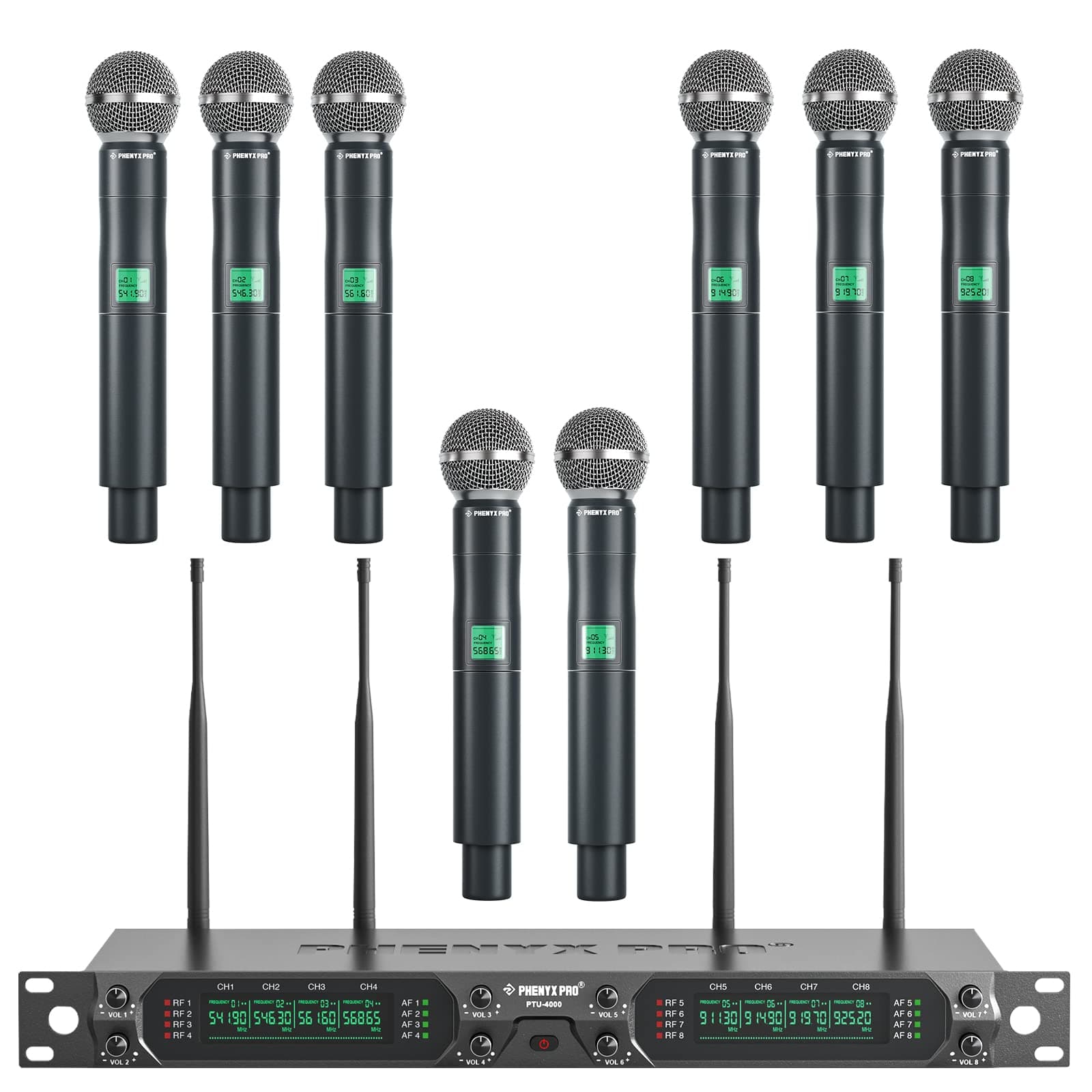 Wireless Microphone System, 8-Channel UHF Cordless Mic with Metal Handheld Wireless Mics, Fixed Frequency Dynamic Microphone for Karaoke,Church,Singing,DJ,260ft Range (PTU-4000-8H)