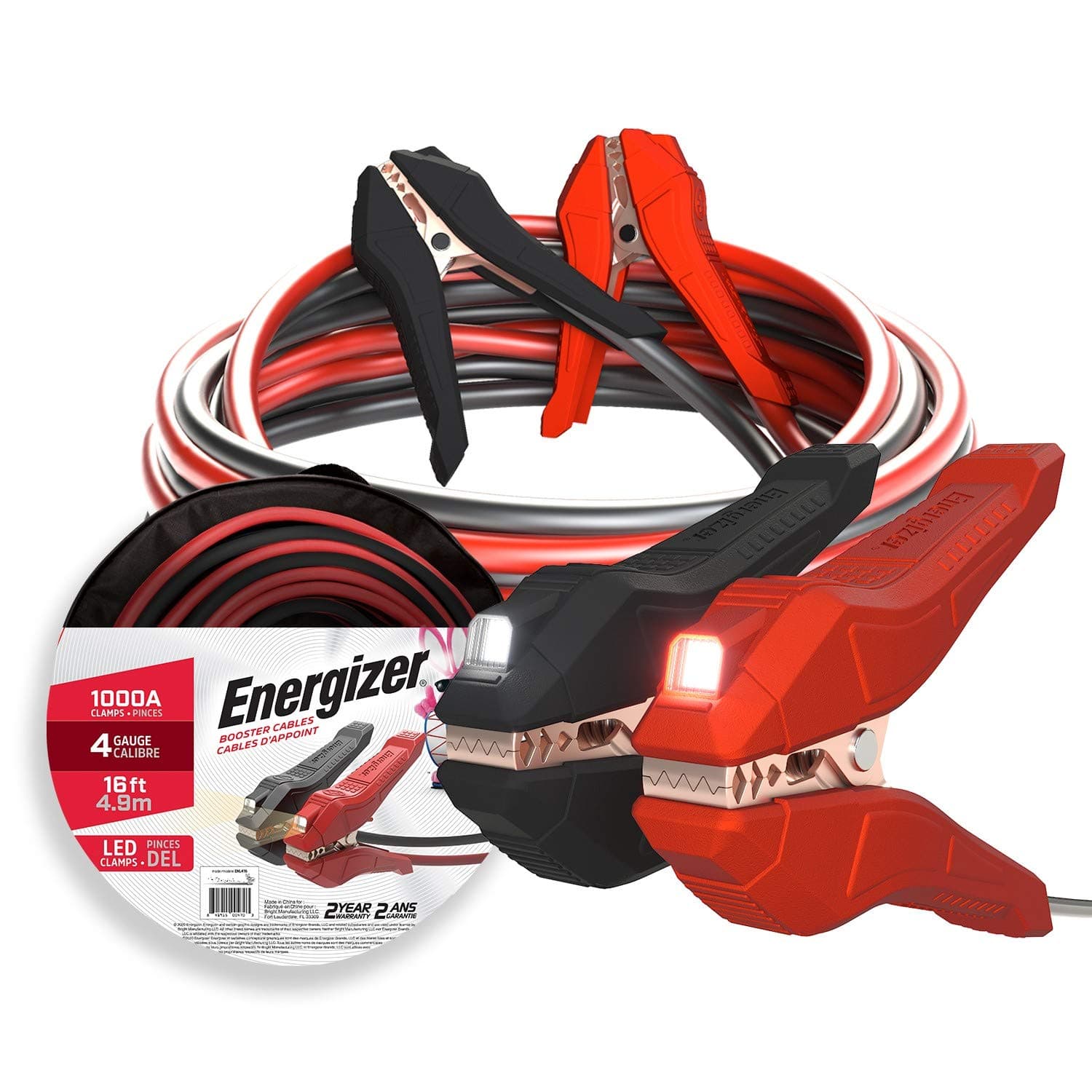 Energizer Jumper Cables for Car Battery with Built-in LED Lights, Heavy Duty Automotive Booster Cables for Jump Starting Dead or Weak Batteries - Carrying Bag Included (16-Feet (4-Gauge)