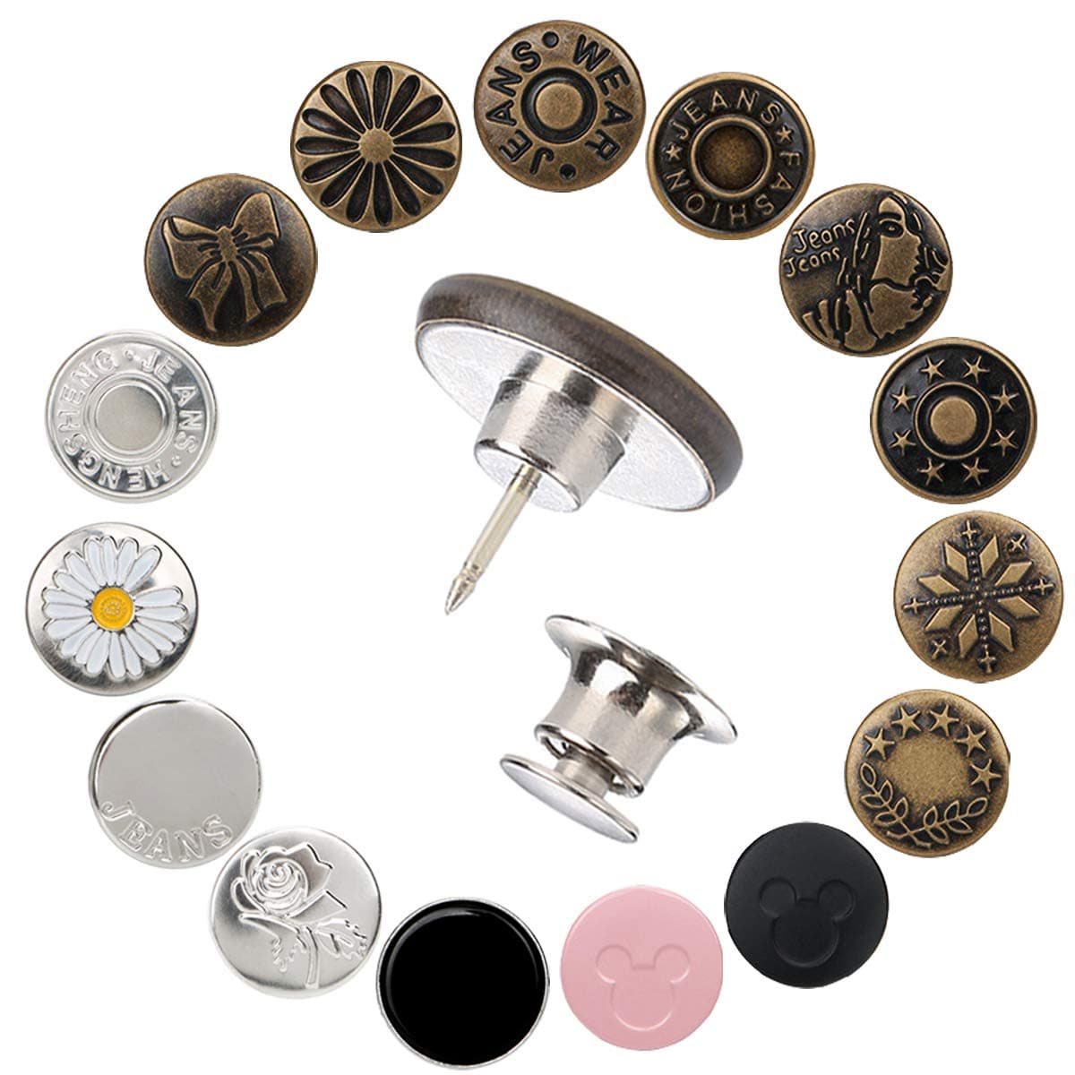 Adjustable Jeans Button Pins Instant, Zehhe 16 Sets Button Pins for Jeans No Sew Detachable Pants Waist Instant Button in Seconds DIY(17mm)