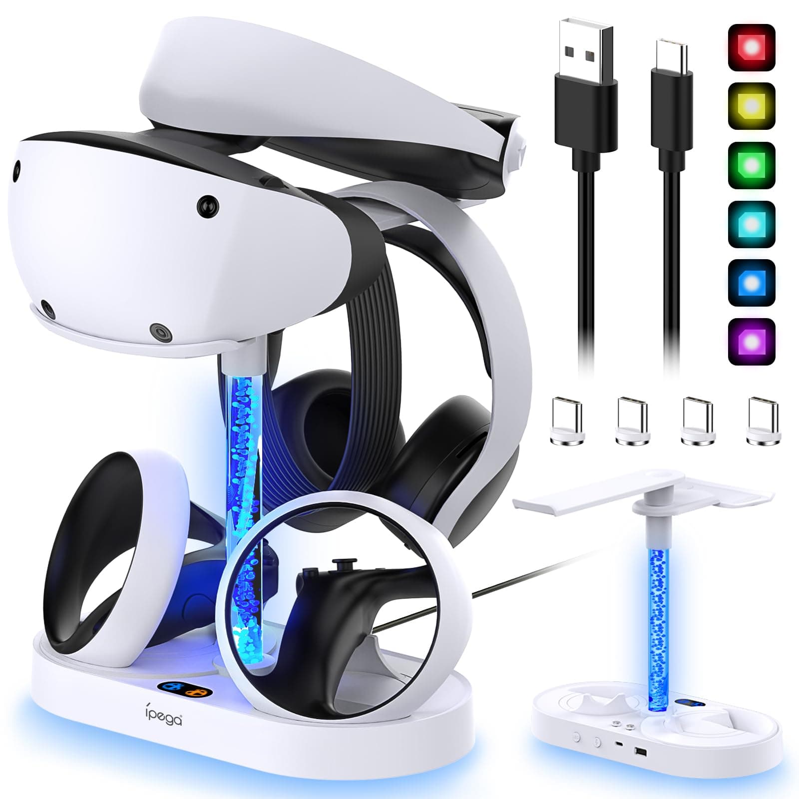 VR2 Charging & Storage Stand for Playstation VR2 Controller with Colorful Light Column,4pcs Type-C Magnetic Charger Connector, MENEEA Dual Charger Dock/VR Headset Holder/Dazzling RGB Light for PSVR2