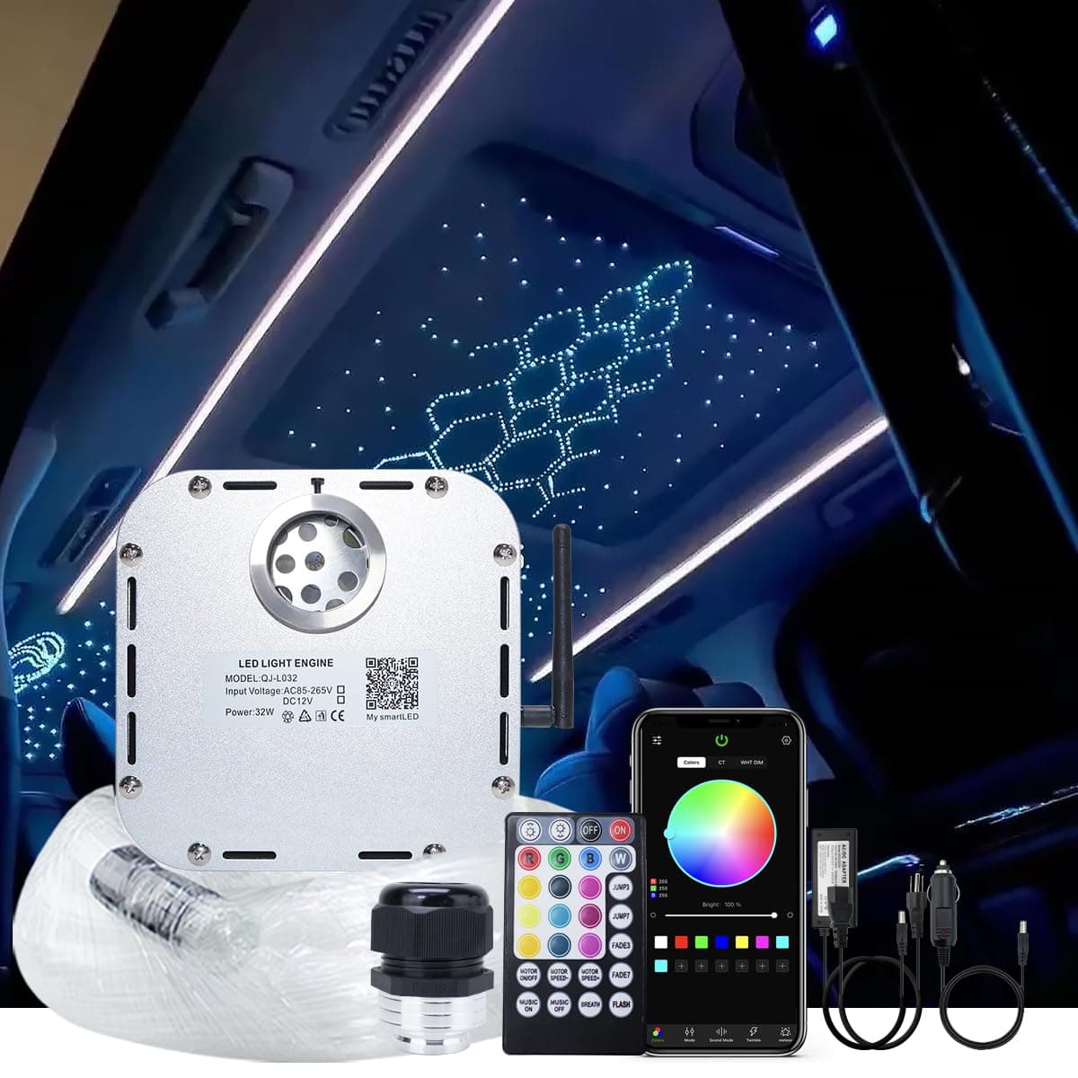 32W RGBW Twinkle APP Fiber Optic Lights Kit Music Activated Star Ceiling Sky Light, with 800pcs of 16.4ft/5m Mixed Dia. (0.75+1+1.5mm) Optical Fiber Cable and Crystals for Car & Media Room Decor