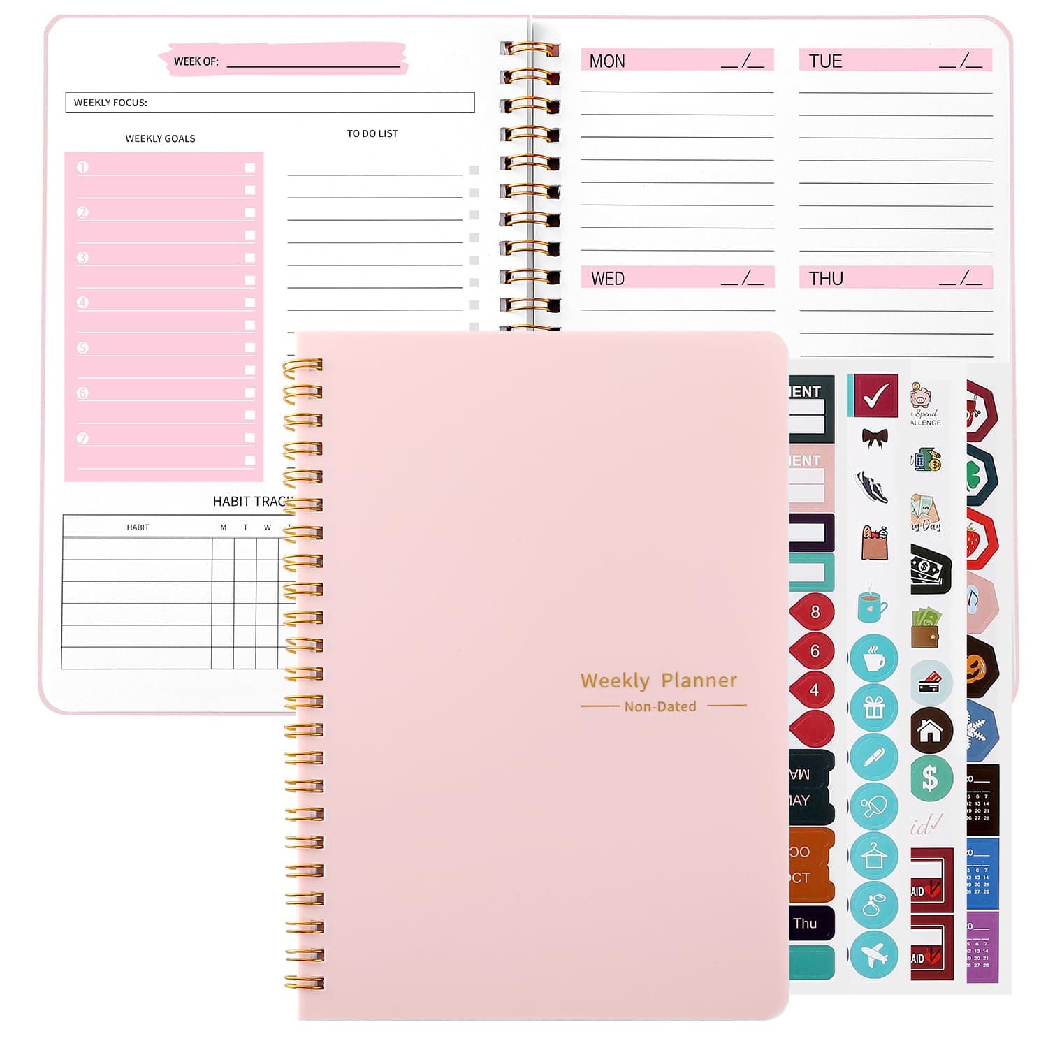 Zhswlp A5 Weekly Planner Notebook, Undated To Do List Notebook 52 weeks of Daily Planner tracking for Daily life, Work, Students (A5 Weekly Planner Pink)