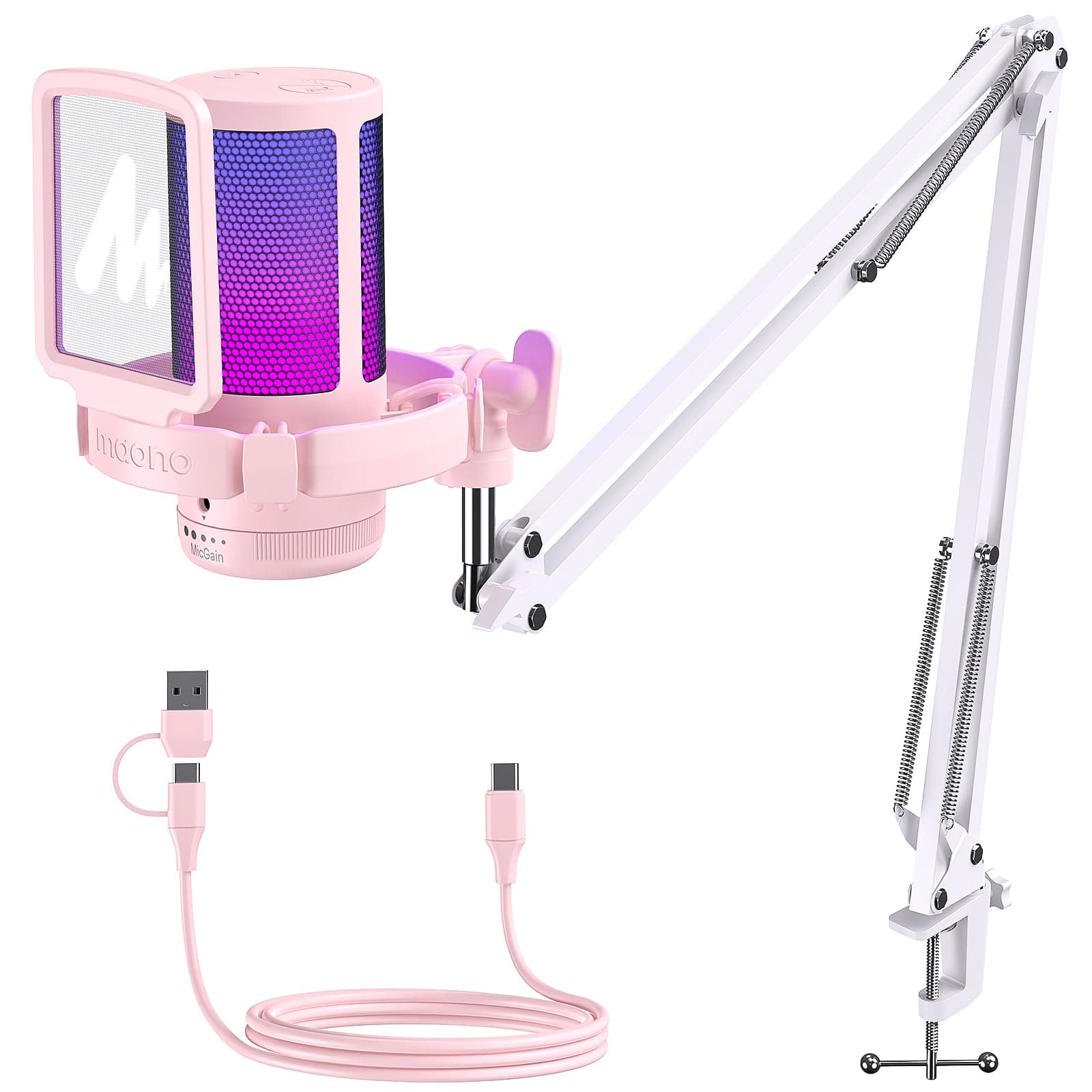 MAONO Gaming Microphone Pink with Noise Cancellation, Computer PC Condenser Microphone with RGB Light, Mute, Gain, Monitoring for Streaming, Podcast, YouTube, Twitch, Discord, PS5/4, GamerWave DGM20S
