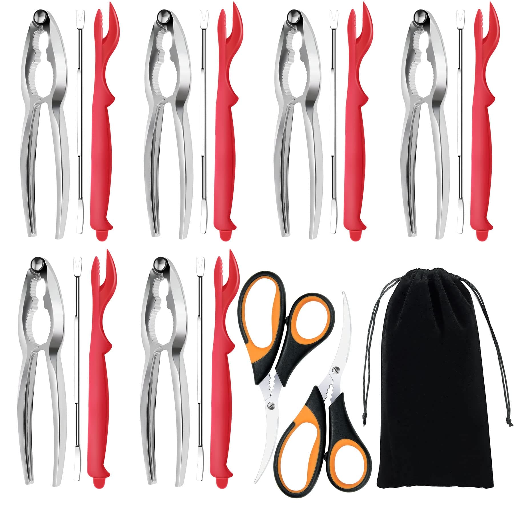 Seafood Cracker Tools, 21 Pcs Crab Leg Crackers and Tools, 6 Crab Crackers, 6 Crab Leg Forks/Picks, 6 Lobster Shellers, 2 Seafood Scissors & 1 Storage Bag, Portable Seafood Boil Party Supplies