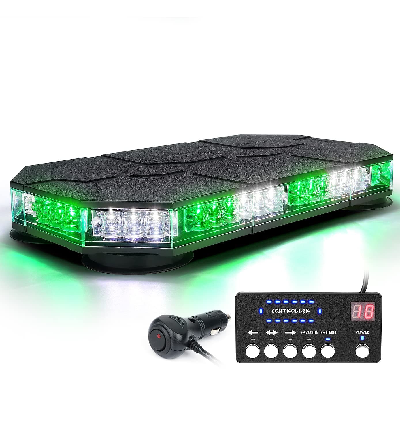 LUMENIX LED Rooftop Strobe Beacon Lights Bar w/Controller Magnetic Emergency Traffic Warning Caution Flashing Light for Construction Vehicles Tow Trucks Snowplow Cars - White Green (Patent Design)