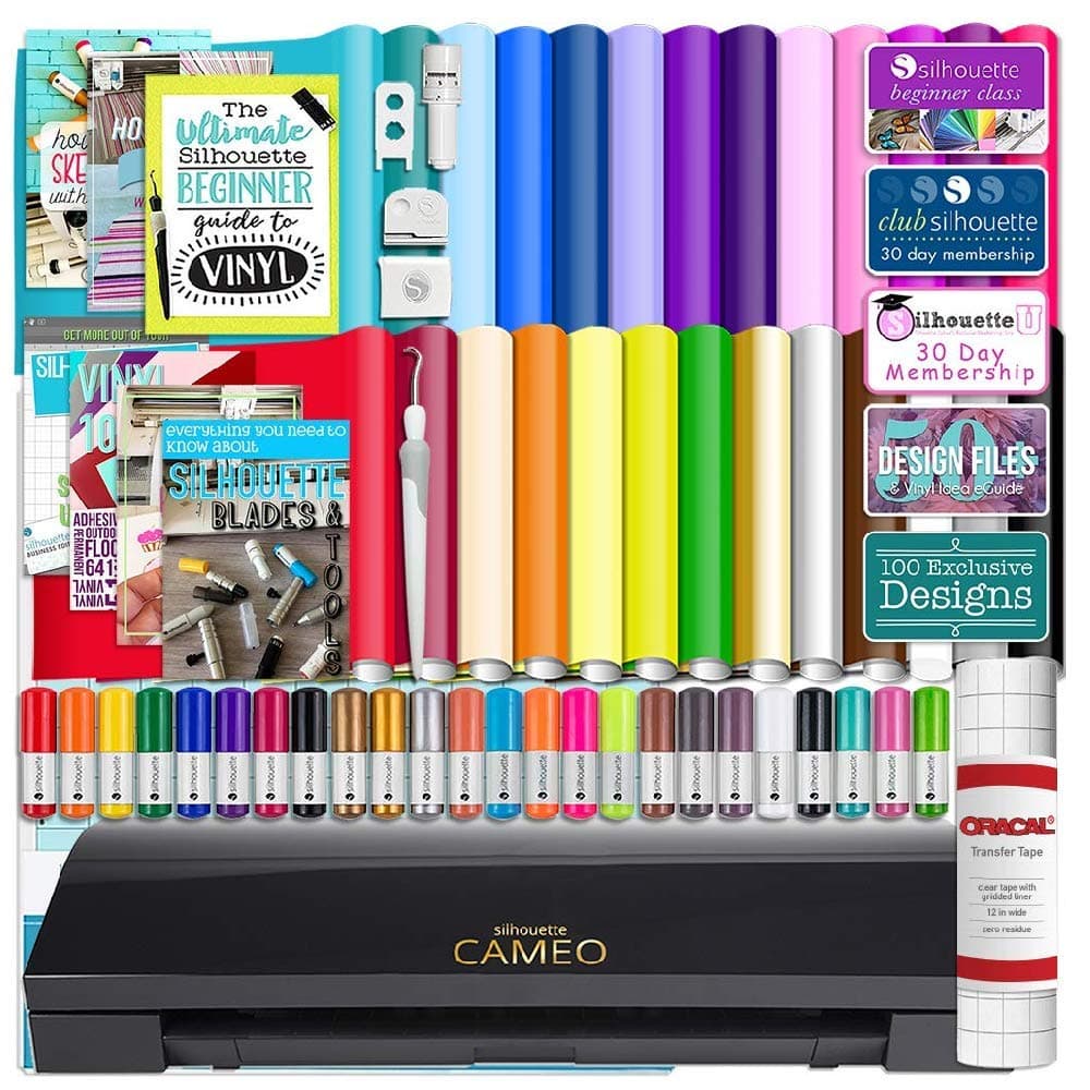 Silhouette Cameo 3 Limited Black Edition Bluetooth Starter Bundle with 26 Oracal Vinyl Sheets, Transfer Paper, Guide, Class, 24 Sketch Pens
