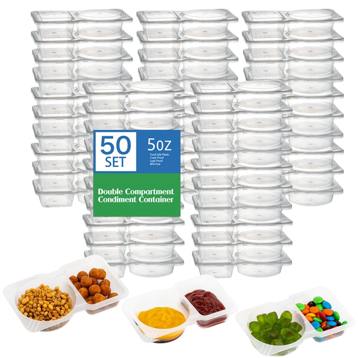 50 Pack Double Compartment Condiment Container with Lid, 5oz Disposable Small Snack Container 2 Compartment for Meal Prep, Salad Dressing, Dipping Sauce, Travel Snacks