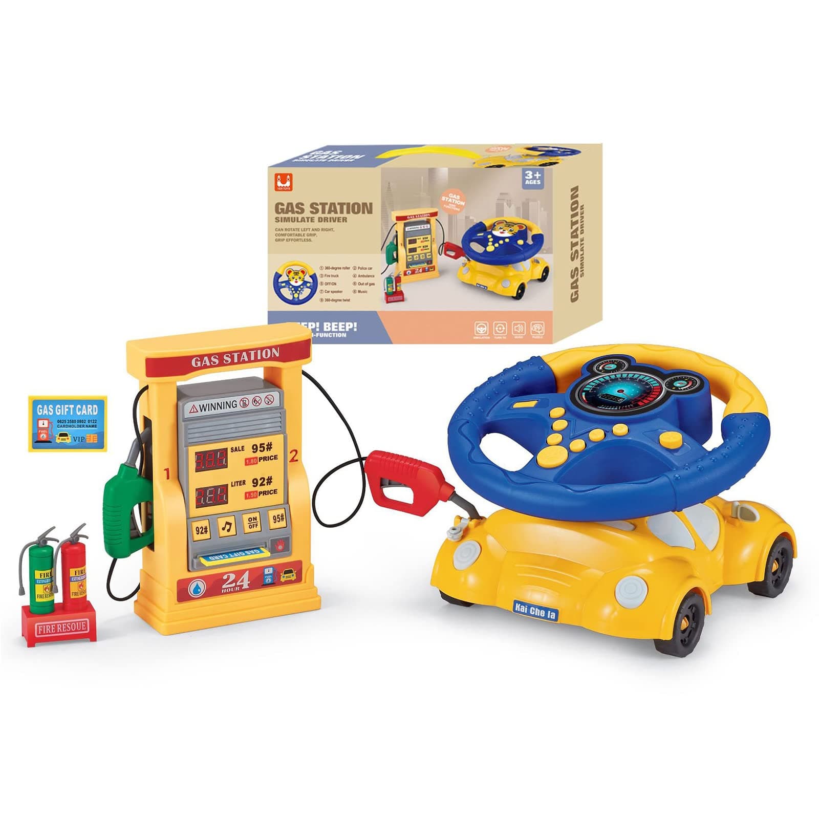 Kids Eletric Simulation Steering Wheel Toy Multifunctional High Simulation Car Driving Toy with Music and Gas Station Pretend Driving Toy for 1-3 3-6 Boys and Girls (Yellow-Blue)