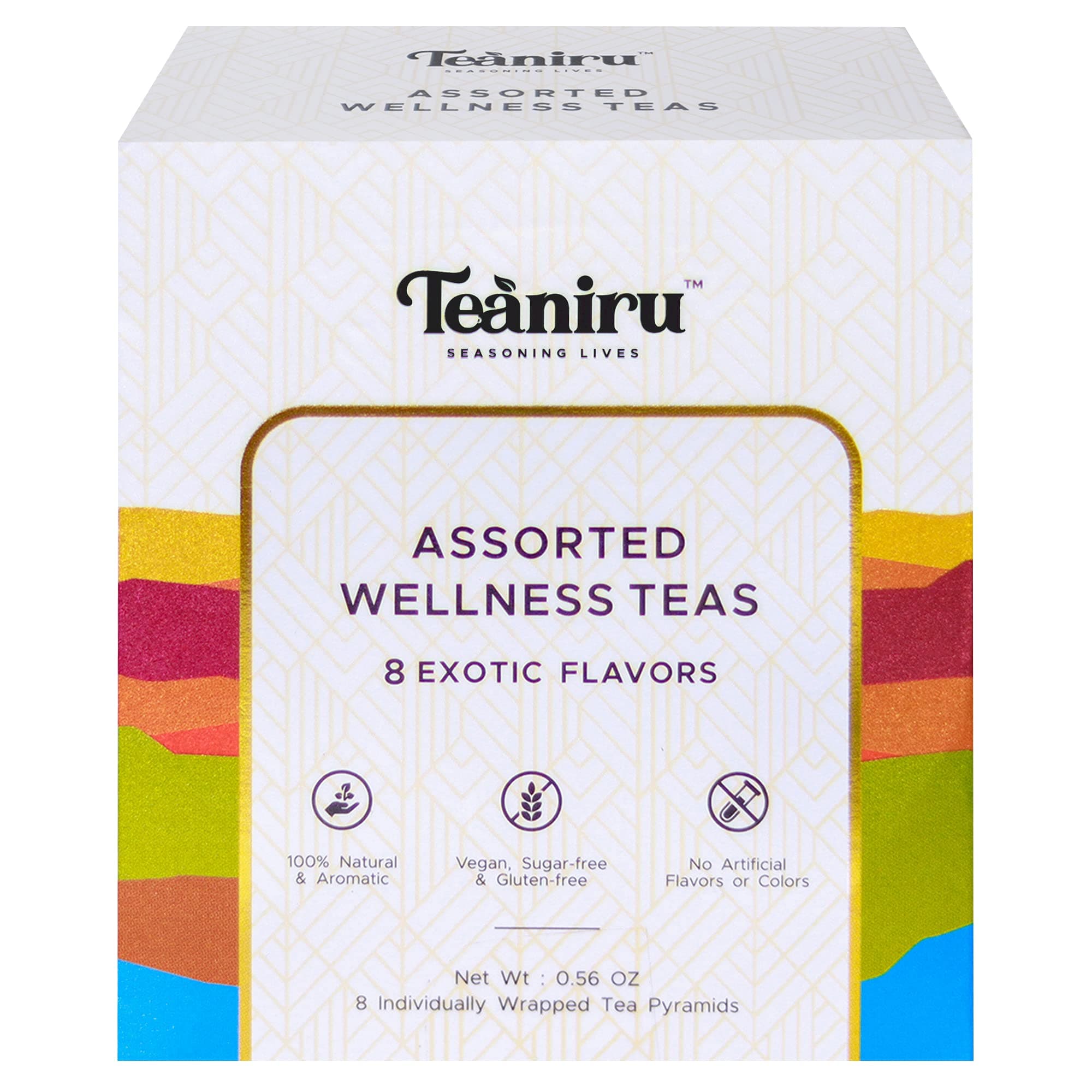 TeaniruAssorted Tea Sampler Pack - 8 Exotic Wellness Flavors | Individually Wrapped in Pyramid Tea Bags | 100% Natural Ingredients - Pure Leaf Tea | Tea Variety Pack