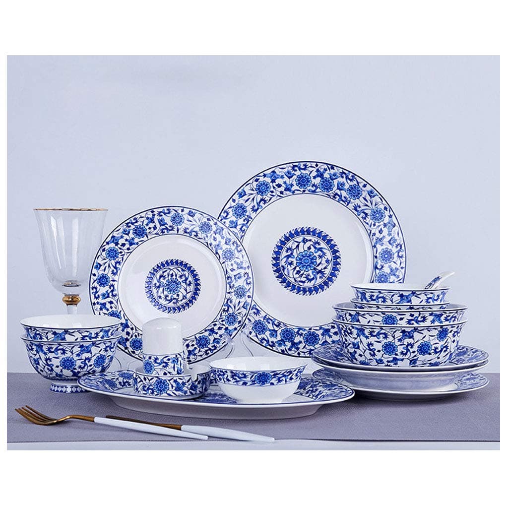 AMINSHAP 62-Piece Dinnerware Set, Blue And White Porcelain Tableware Set China Ceramic Dinner Combi-Set with Dessert Plate Soup Plate Dinner Plate Cup Saucer Service for 12