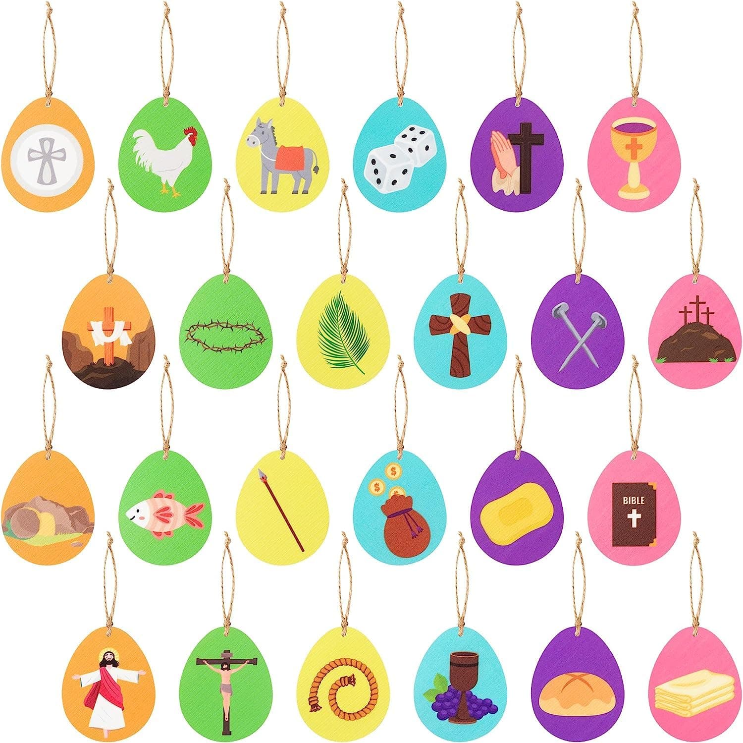 Haooryx Easter Decorative Hanging Ornaments - 25Pcs Easter Resurrection Eggs Shapes Wooden Ornaments Decorations Wood Slices Hanging Pendants Giftwrap Tags Christian Sunday School Church Gift Wrapping