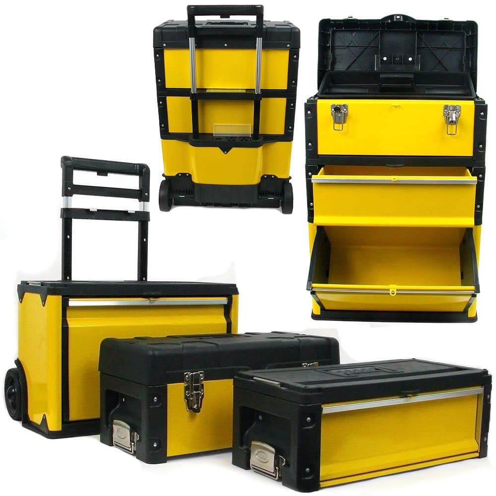 Portable Tool Box on Wheels - Stackable 3-in-1 Chest for Workshops and Craft Rooms - Foldable Comfort Handle and Latches (Black/Yellow)