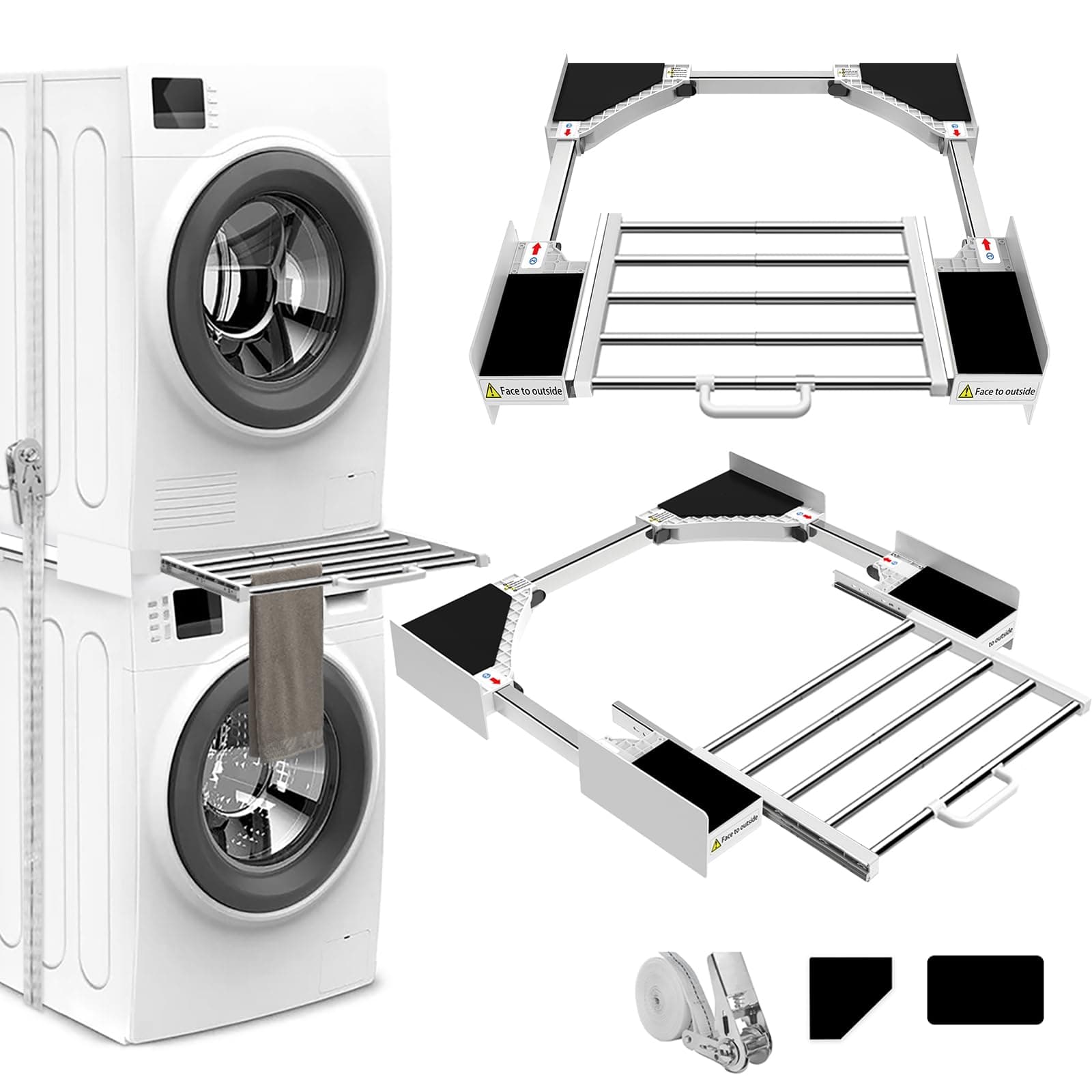 Universal Stacking Kit for Washer and Dryer, Adjustable Stacking Shelf Kit Fit for 53-68 cm Washing Machine and Tumble Dryers, Drawer Stacking Shelf with Ratchet Ropes and Anti Vibration Feet