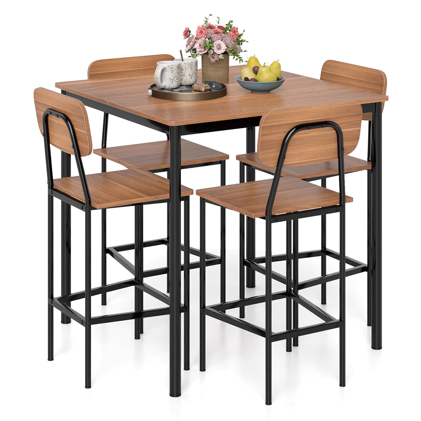 Giantex 5-Piece Dining Table Set W/Counter Height Table & 4 Bar Stools, Industrial Kitchen Dining Table Set W/Footrest & Backrest, Space-Saving Dinette Set for Pub, Dining Room, Restaurant (Teak)