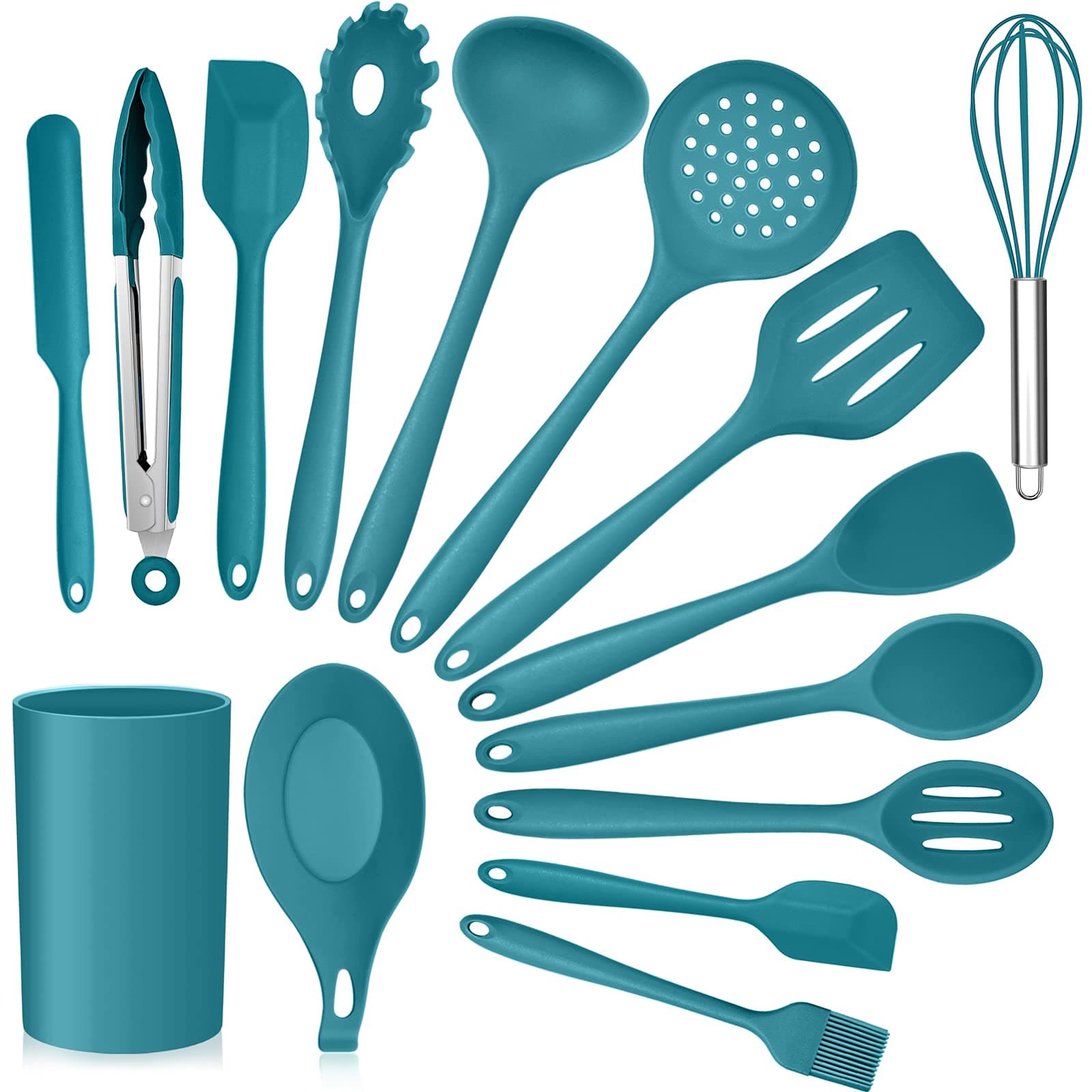 Teal Blue Kitchen Utensils Set, E-far 15-Piece Silicone Cooking Utensils with Holder, Non-stick Cookware Friendly & Heat Resistant, Includes Ladle Spatula Spoon Slotted Turner for Cooking & Baking
