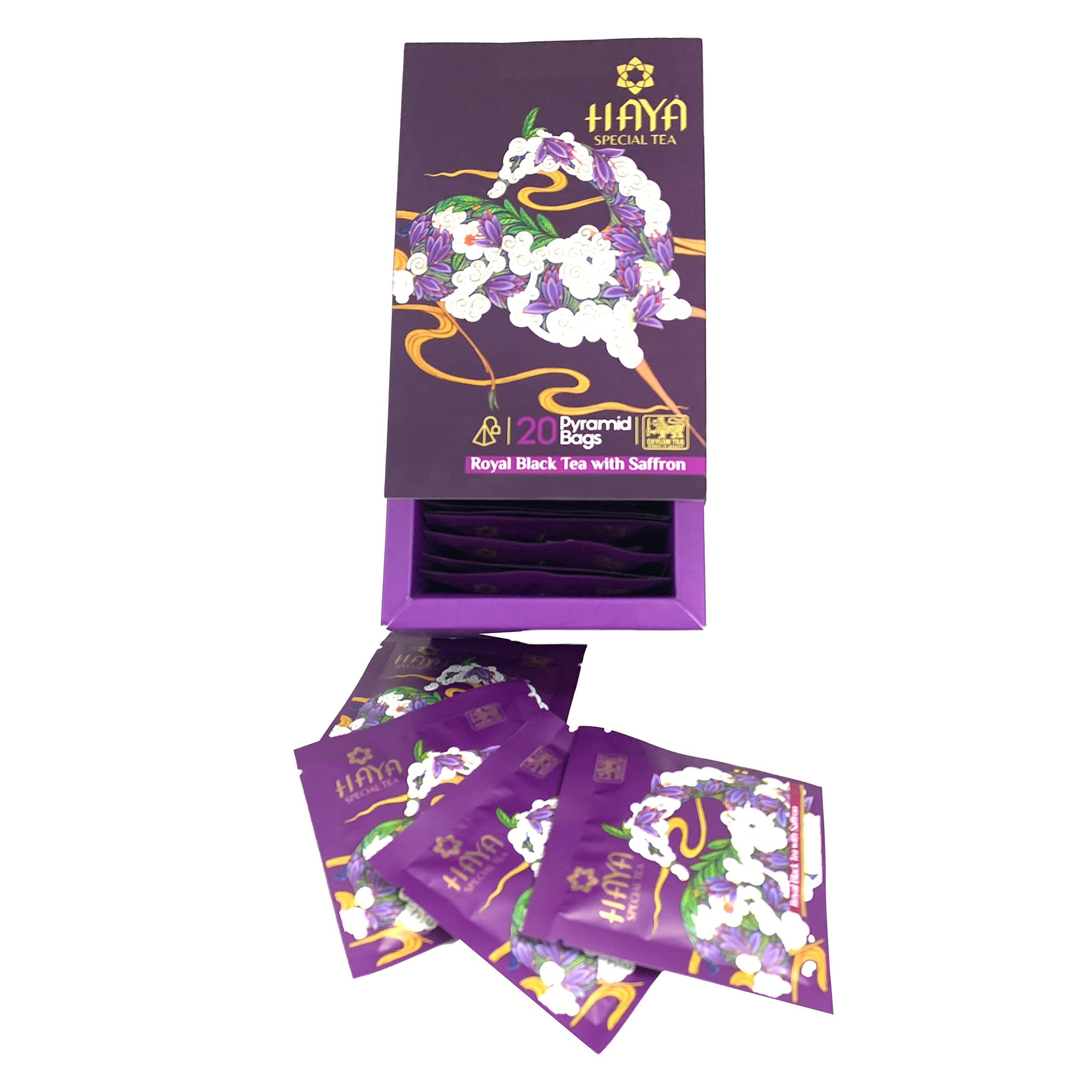 Haya Royal Black Tea With Saffron (20 Pyramid Tea bags)- Sri Lanka Pure Ceylon Organic Loose Leaf Tea Box- Natural, Stress Relief & Caffeine Free- Individually Wrapped