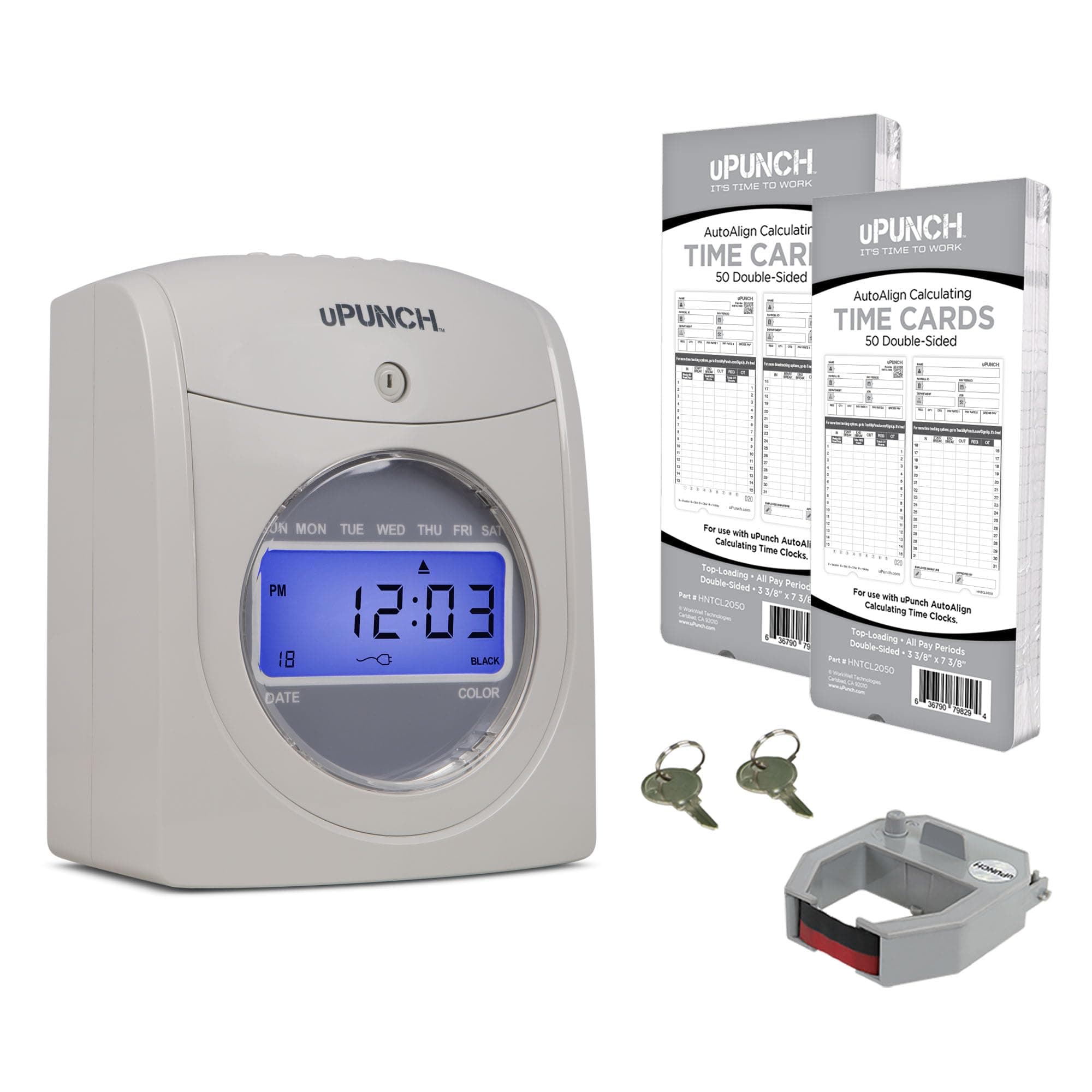 uPunch HN2500 Calculating Time Clock Bundle for Small Business: Auto Align Employee Time Tracking System with 100 Time Cards, Ribbon, and Keys