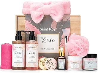 Spa Gifts for Women - 10pcs Self Care Kit with Rose Scented Facial Cleanser, Scrub, Body Wash, Clay Mask, Essential Oil