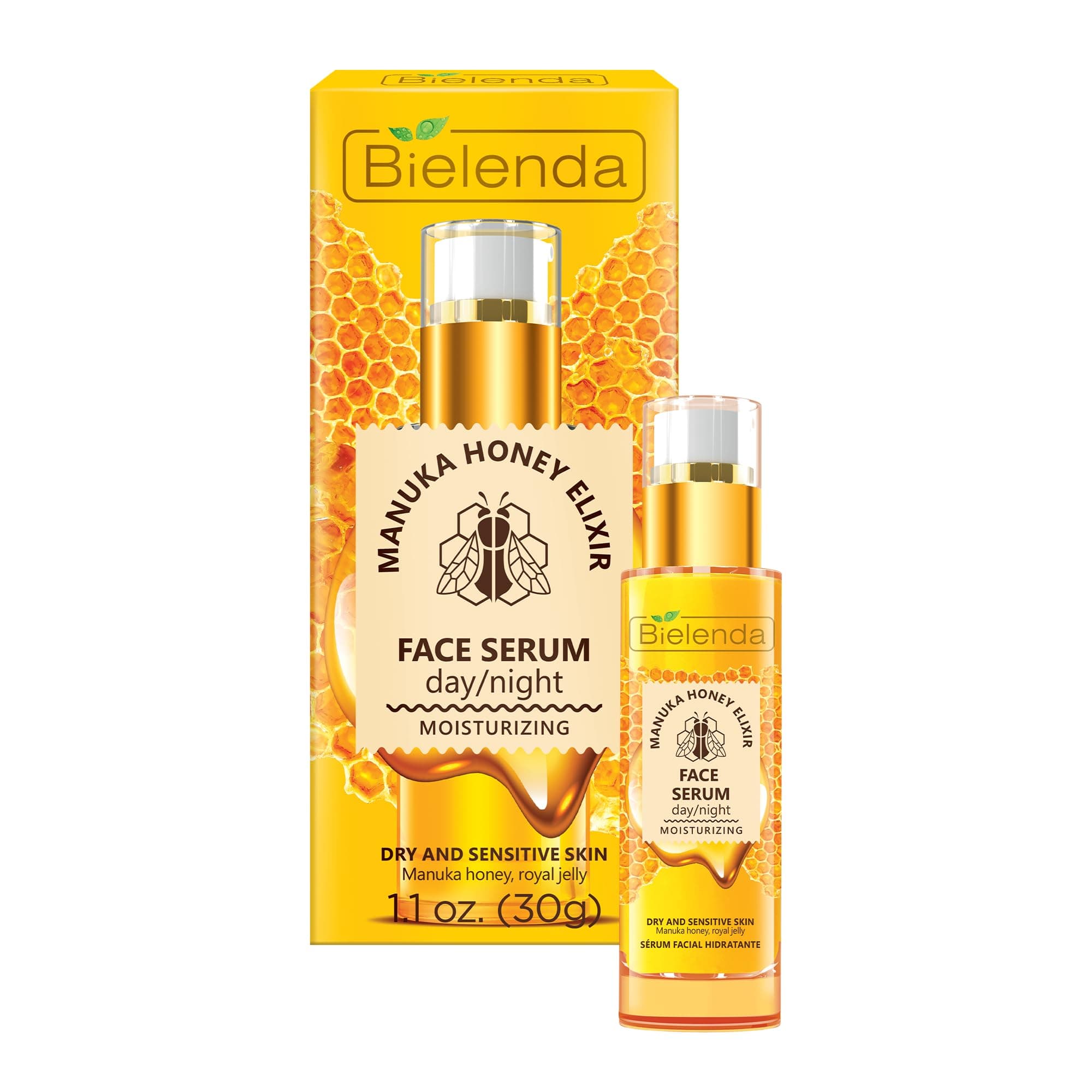 Bielenda Manuka Honey Nutri Elixir - Improves Skin Condition, Makes The Complexion Radiantly Glowing - Manuka Honey Nourishing And Moisturizing Face Serum Day/Night For Dry And Sensitive Skin - 30 g