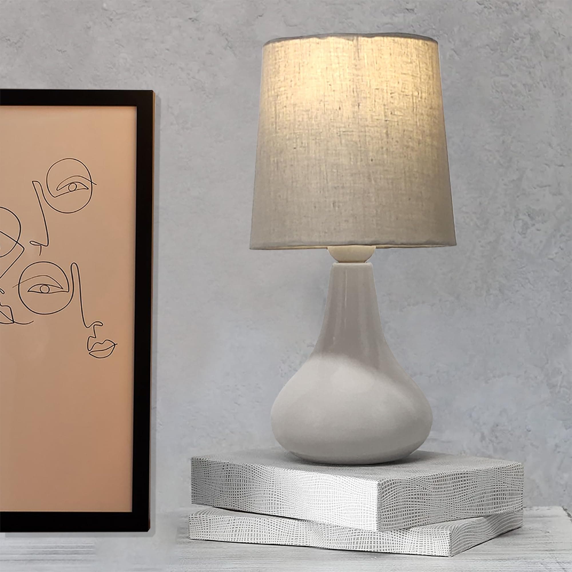 Homesake® Modern Small Ceramic LED Table Lamp, Classic Bedside Desk Lamp for Living Room Bedroom, Farmhouse Nightstand Lamps Fabric Shade (Gray)