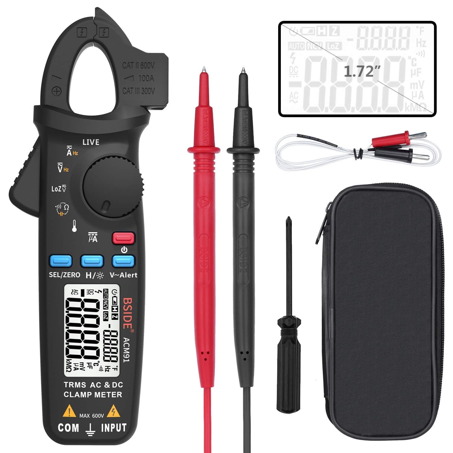 Bside 1mA DC Clamp Meter True Rms 6000 Count Digital Multimeter with Back Clip (Black)