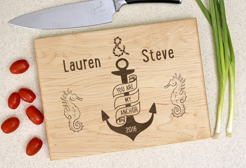 Personalized cutting board, wedding gift, custom cutting board, engraved cutting board, anniversary gift, anchor, narwhals, name and date.