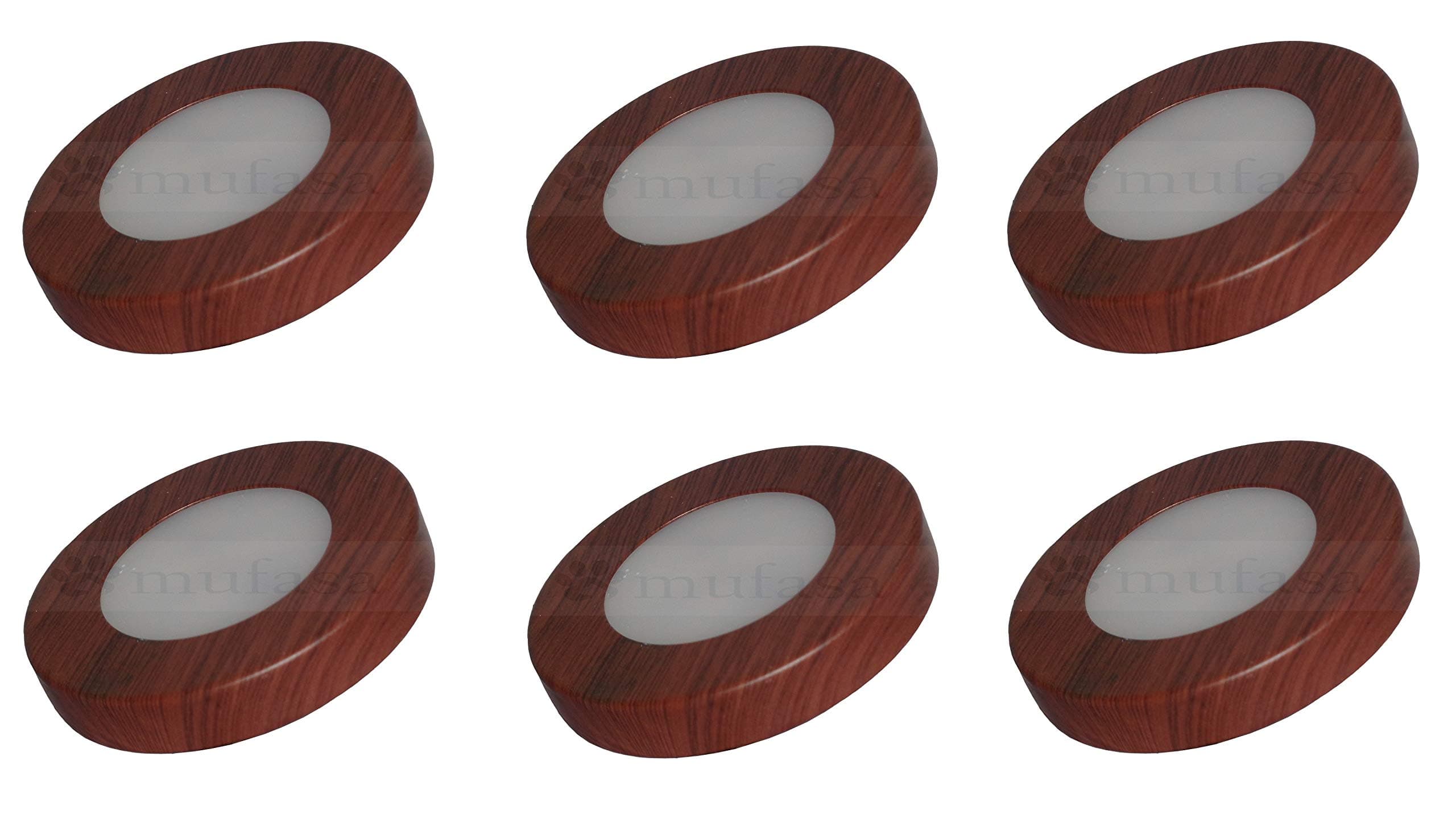 3 Watts LED Surface Panel, Slim Round Style Ceiling Lamp Cabinet, Wardrobe Light, Wooden Finish, Warm White (6cm) (Pack of 6)