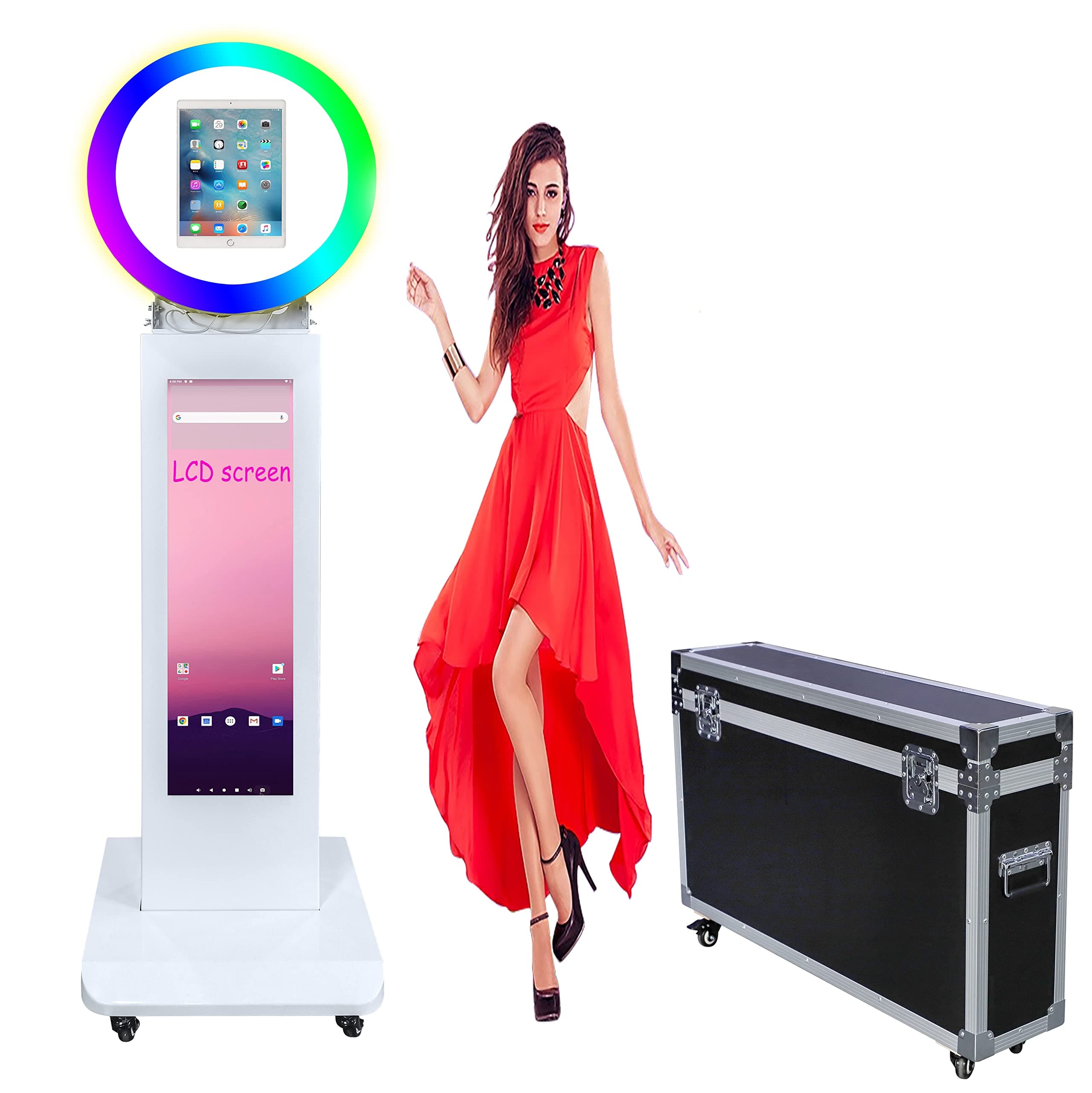 NETSOLARPortable Photo Booth LCD Screen with Software for iPad 10.2" 10.9" 11" 12.9" Photobooth Stand Shell Selfie Machine with APP Control and RGB LED Ring Light and Flight Case for Parties Rental