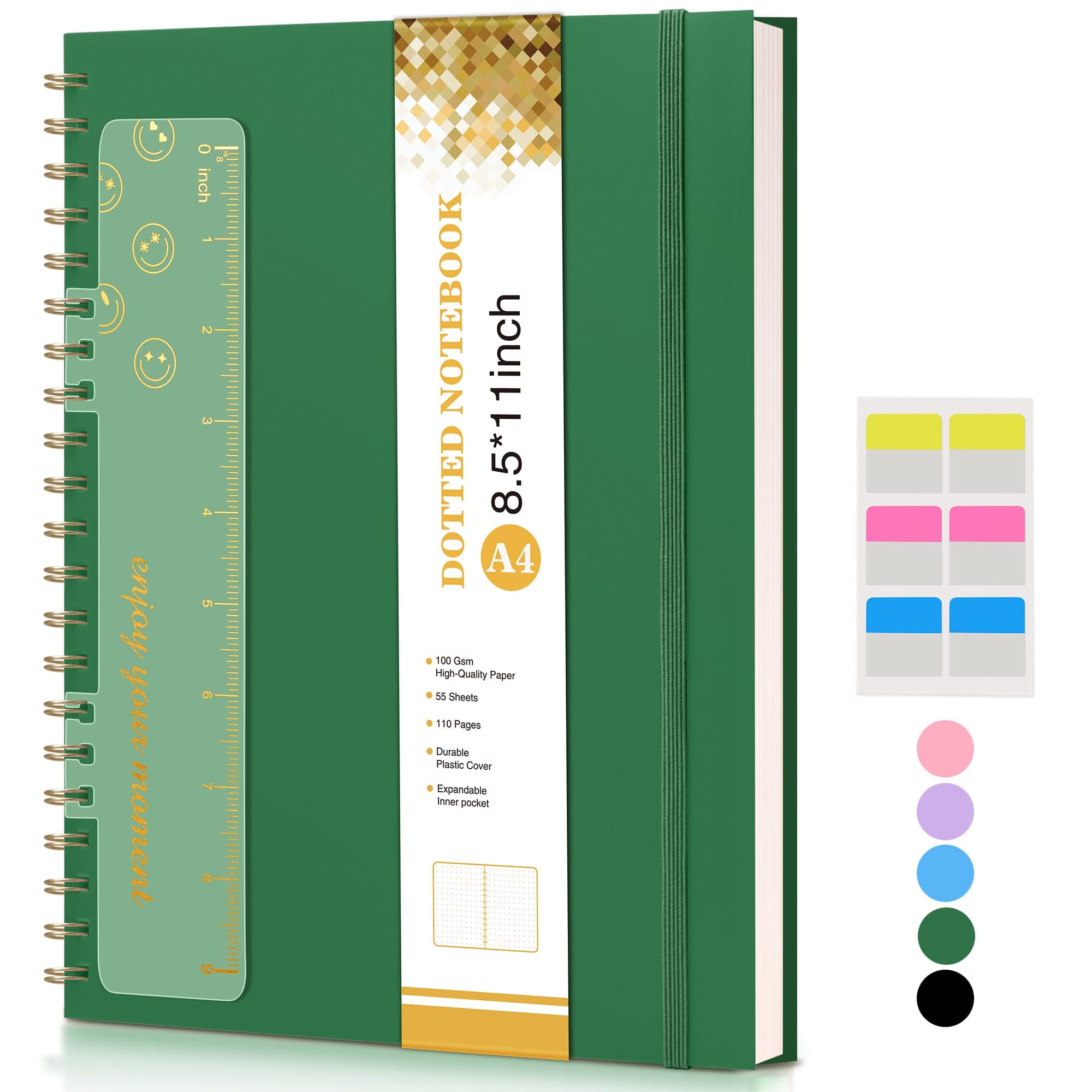 Dotted Notebook, Spiral Notebook Journal 8.5” x 11”, A4 Large Dot Grid Notebooks for Women Men, 100 GSM Dotted Paper, Plastic Hardcover Spiral Bullet Dotted Journals for Work School Sketching, Green