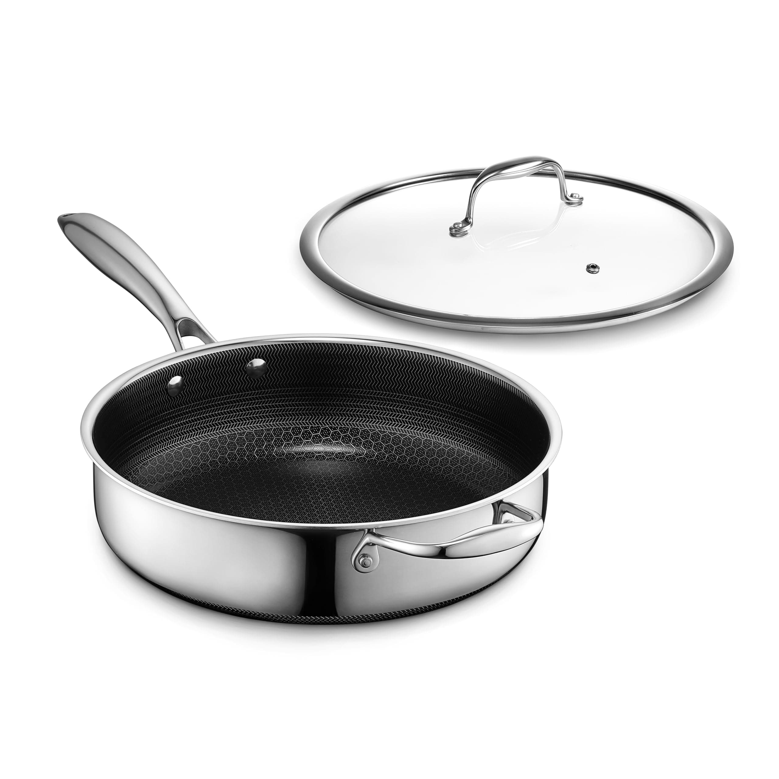 HexClad Hybrid Nonstick 3.3-Quart Deep Sauté Pan with Tempered Glass Lid, Stay-Cool Handle, Dishwasher-Friendly, Oven-Safe Up to 900°F, Induction Ready, Compatible with All Cooktops