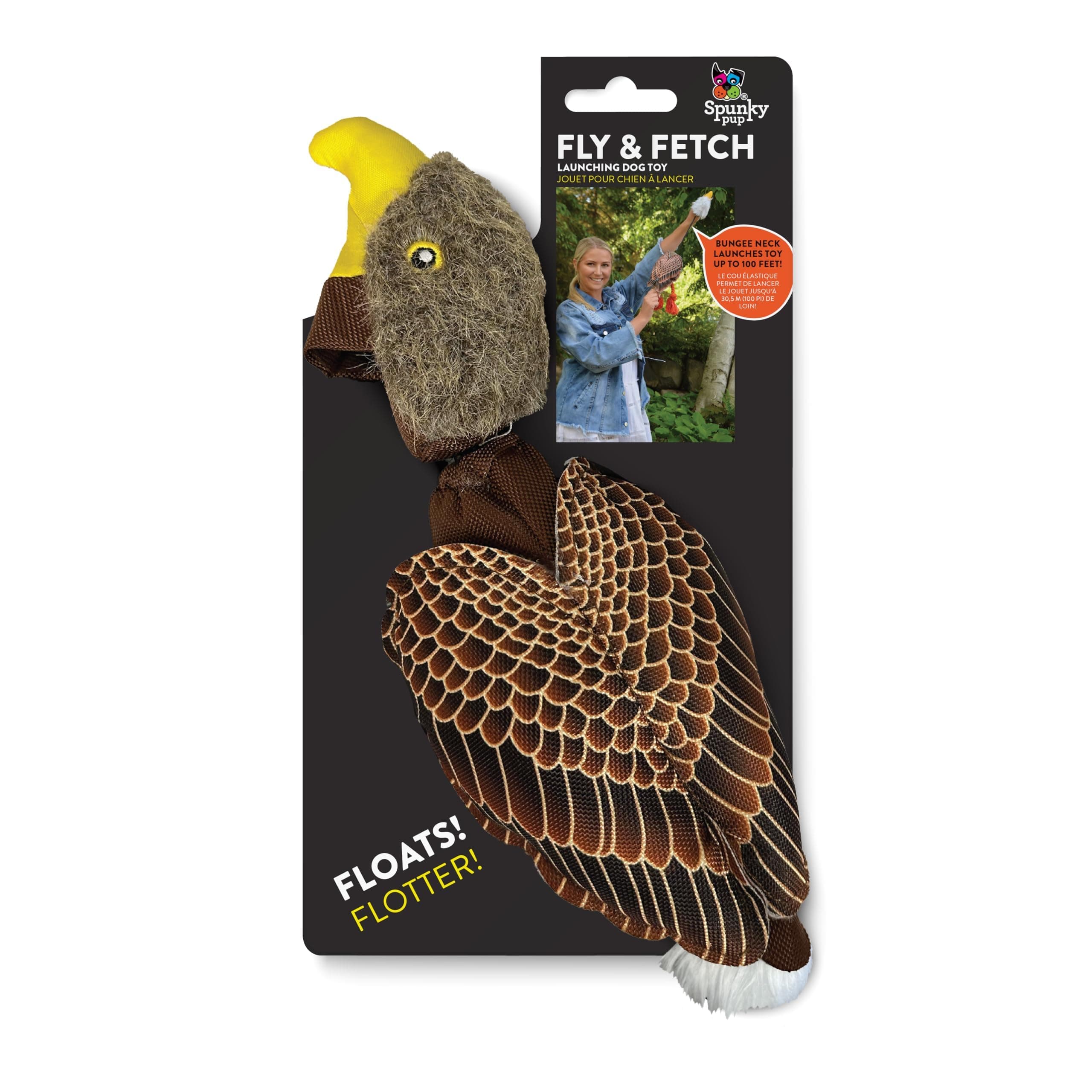 Spunky Pup Fly & Fetch Plush Eagle Dog Toy | Interactive 100 ft Sling Shot Launcher with Built-In Bungee | Pull Back & Release | Durable Construction | Ballistic Fabric | Floats | For Medium Breeds