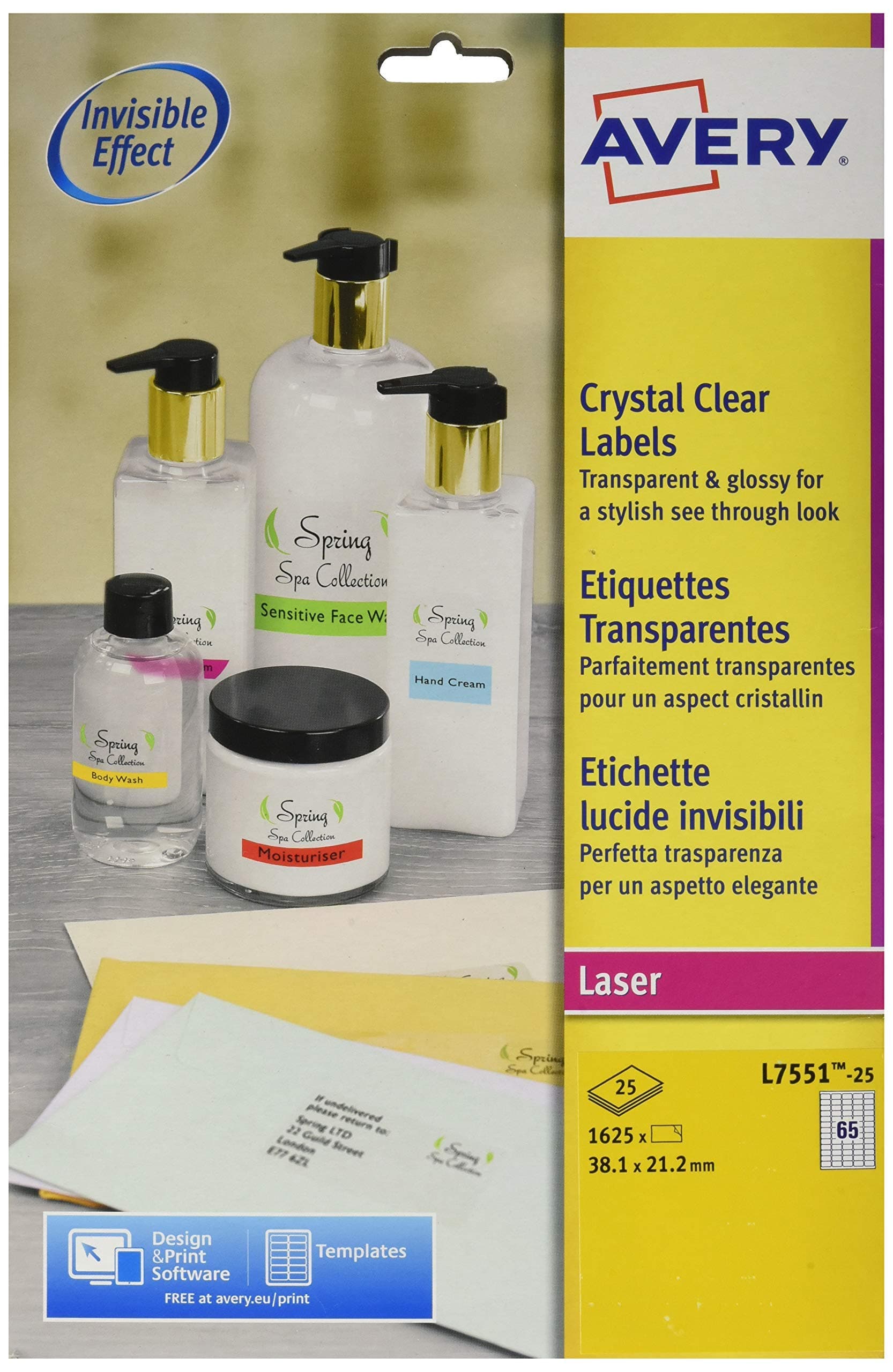 AVERYClear Mini Self Adhesive Sending Address Labels Laser Printer (38.1x21.2mm, 65 Labels Per A4 Sheet, 25 Sheets) 1625 Labels (L7551)