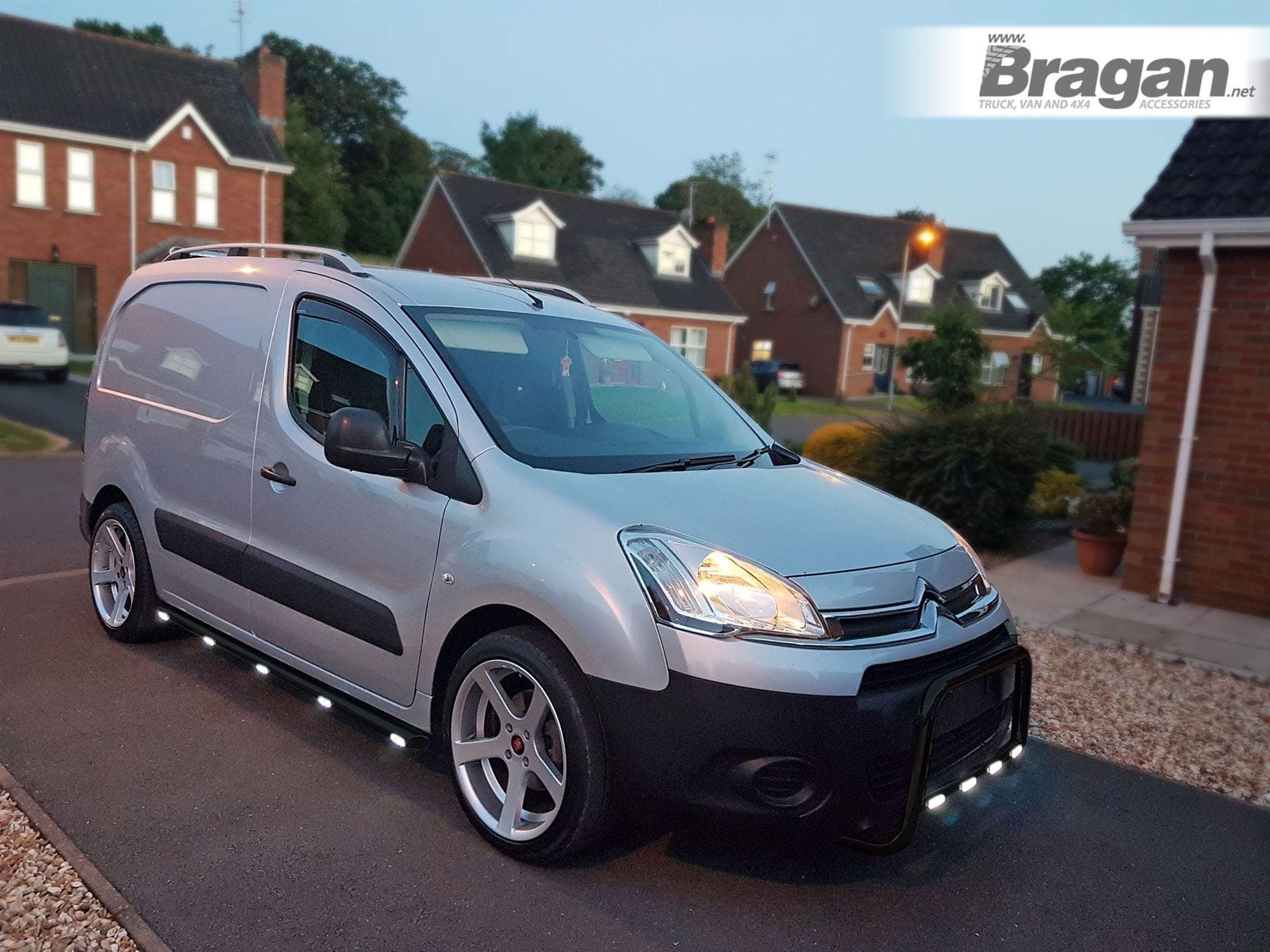 Bragan Black Side Bars + White Flush LEDs Compatible With Citroen Berlingo 2008-2016 Van Stainless Steel Accessories - BRA3721FLW-BLACK